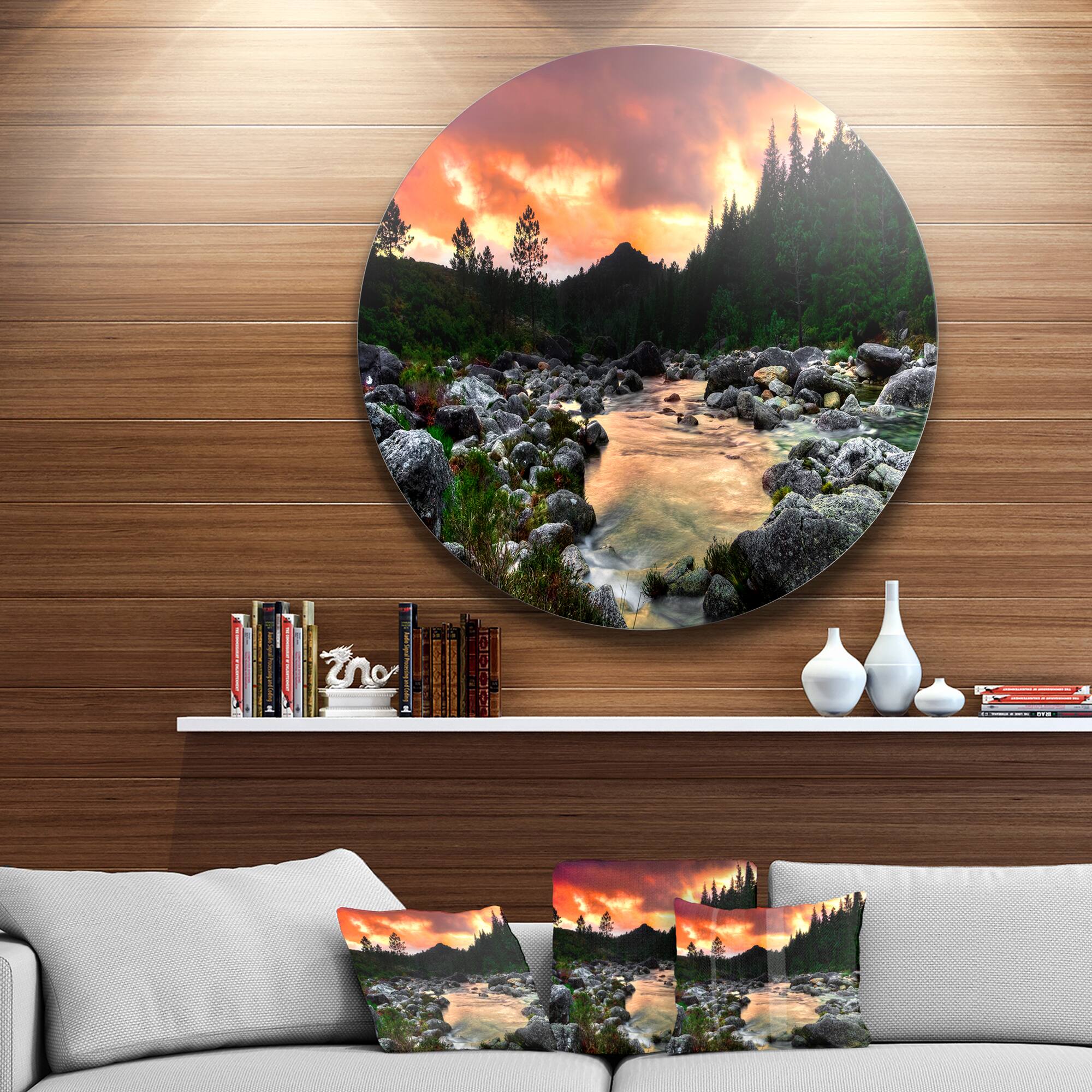 Designart - Rocky Mountain River at Sunset' Extra Large Wall Art Landscape