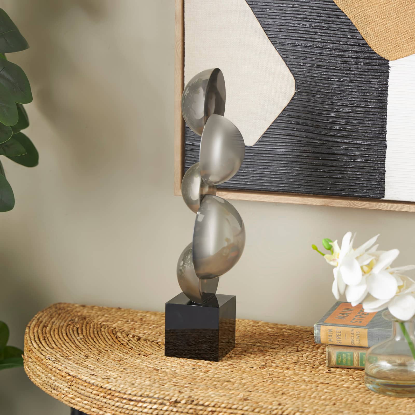 15.75" Black Glass Abstract Stacked Orb Sculpture with Black Base
