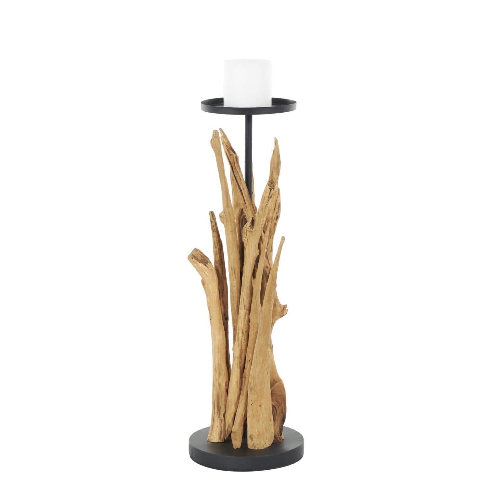 31" Brown Teak Wood Handmade Tall Tree Branch Floor Candle Holder with Black Metal Accents
