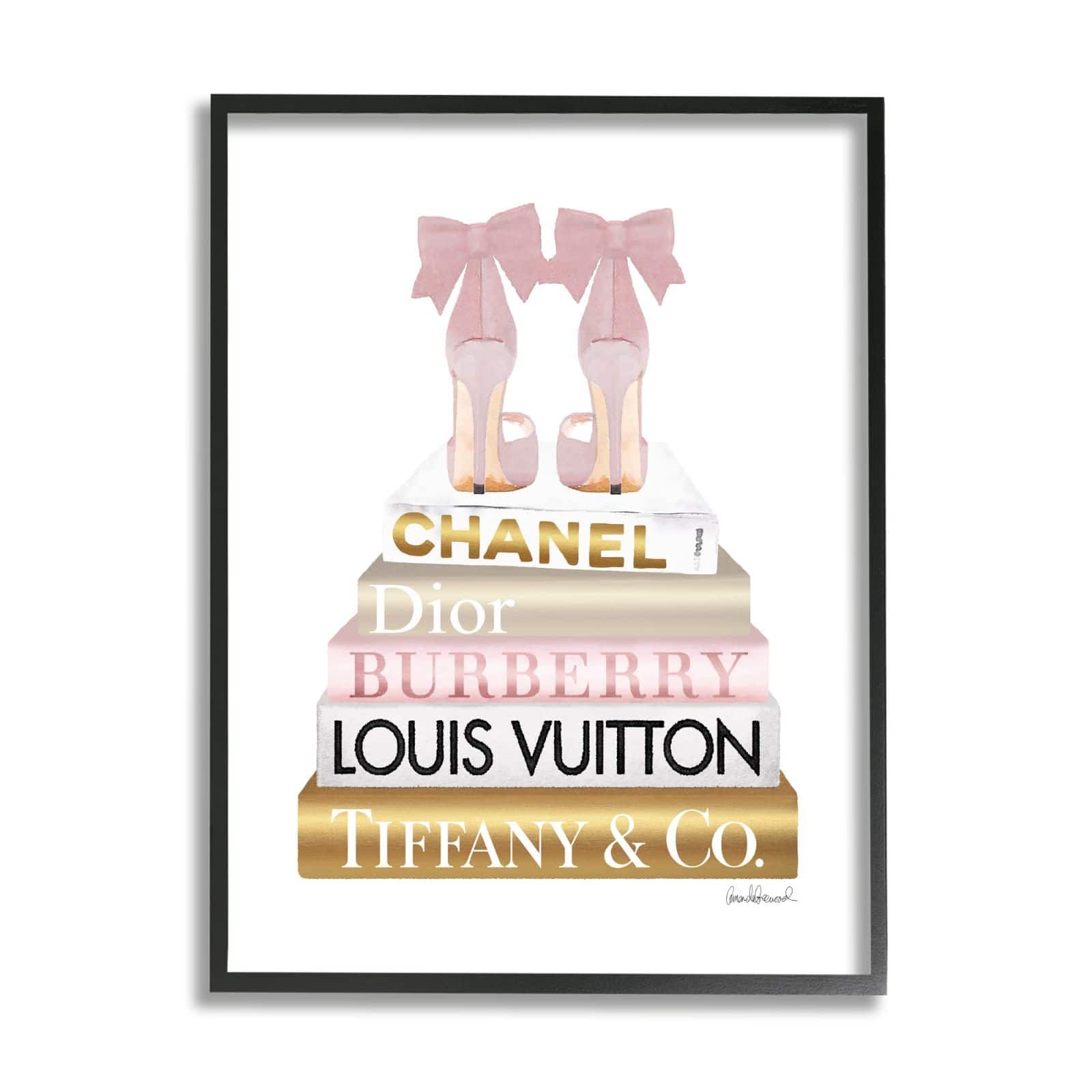 Stupell Industries Pink Gold Heels Bookstack Glam Fashion Design Framed Wall Art
