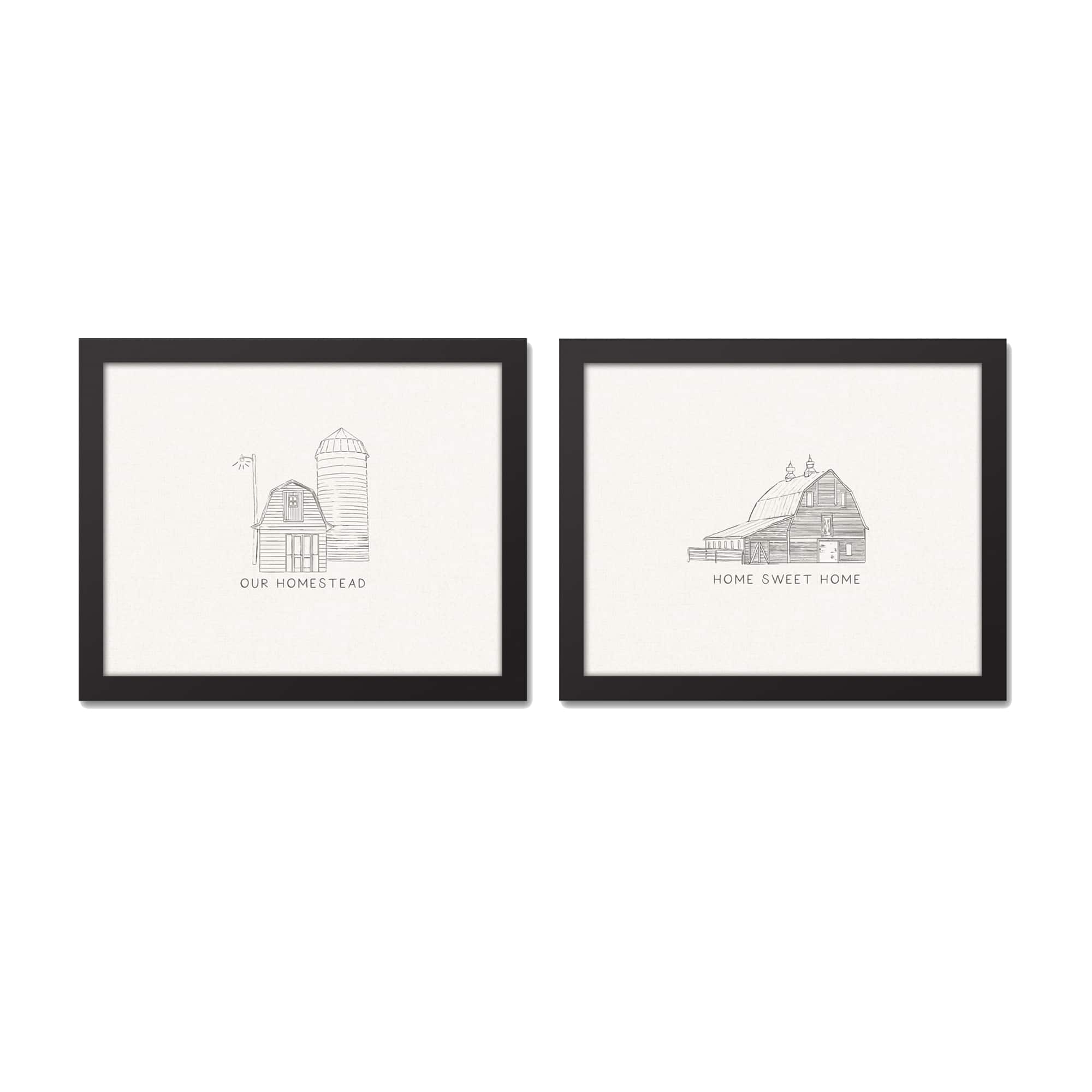 Farmhouse Sketches 11" x 14" Black Framed Canvas - Set of 2
