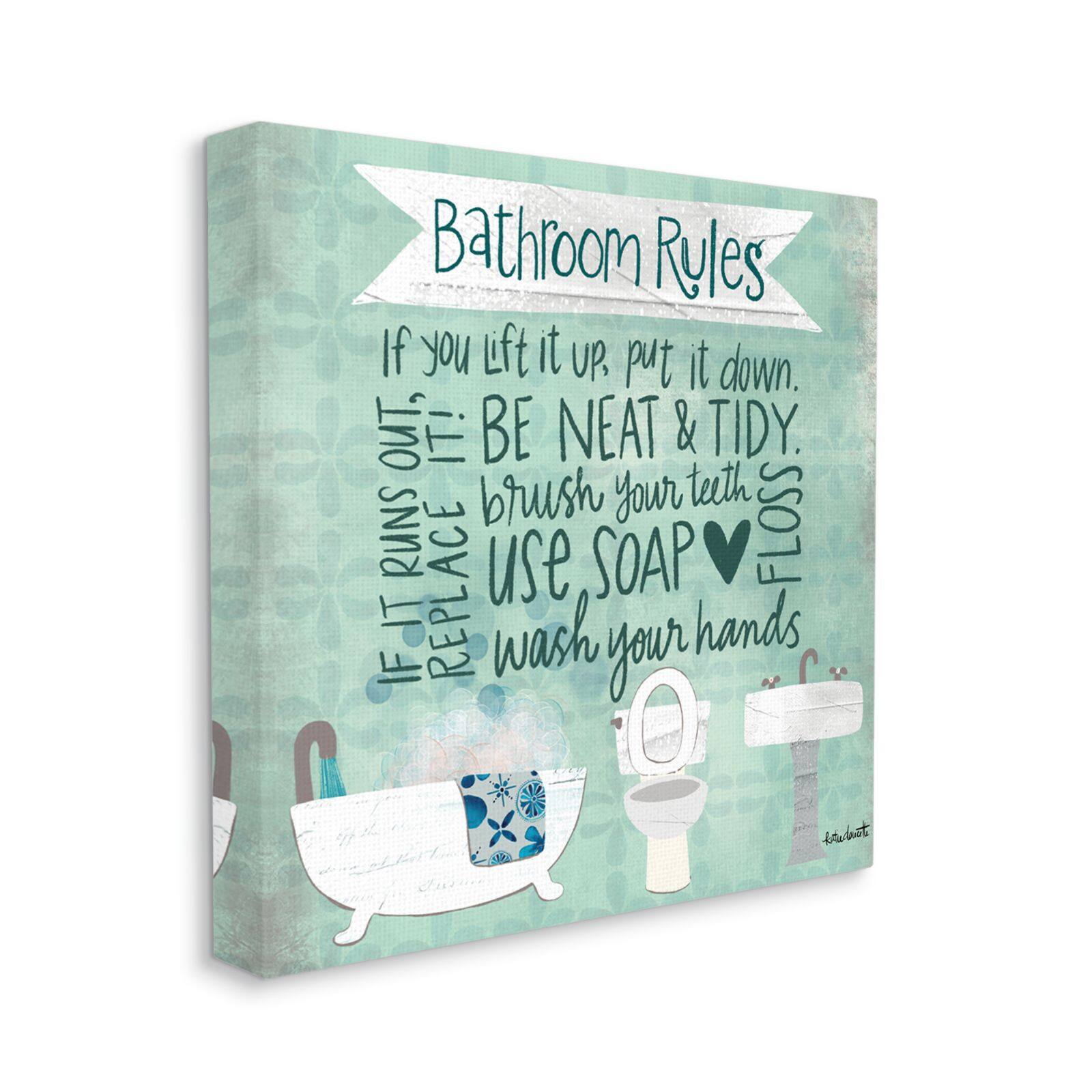 Stupell Industries Aqua Blue Bathroom Rules Collage Look Typography Canvas Wall Art