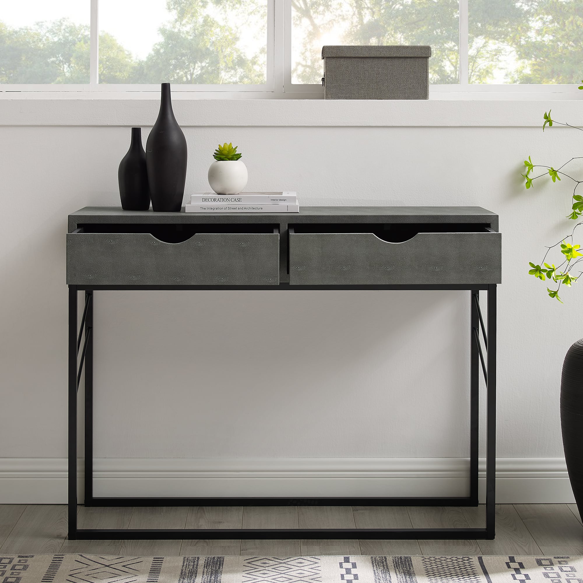 Walker Edison Gray 2-Drawer Faux Shagreen Entry Table