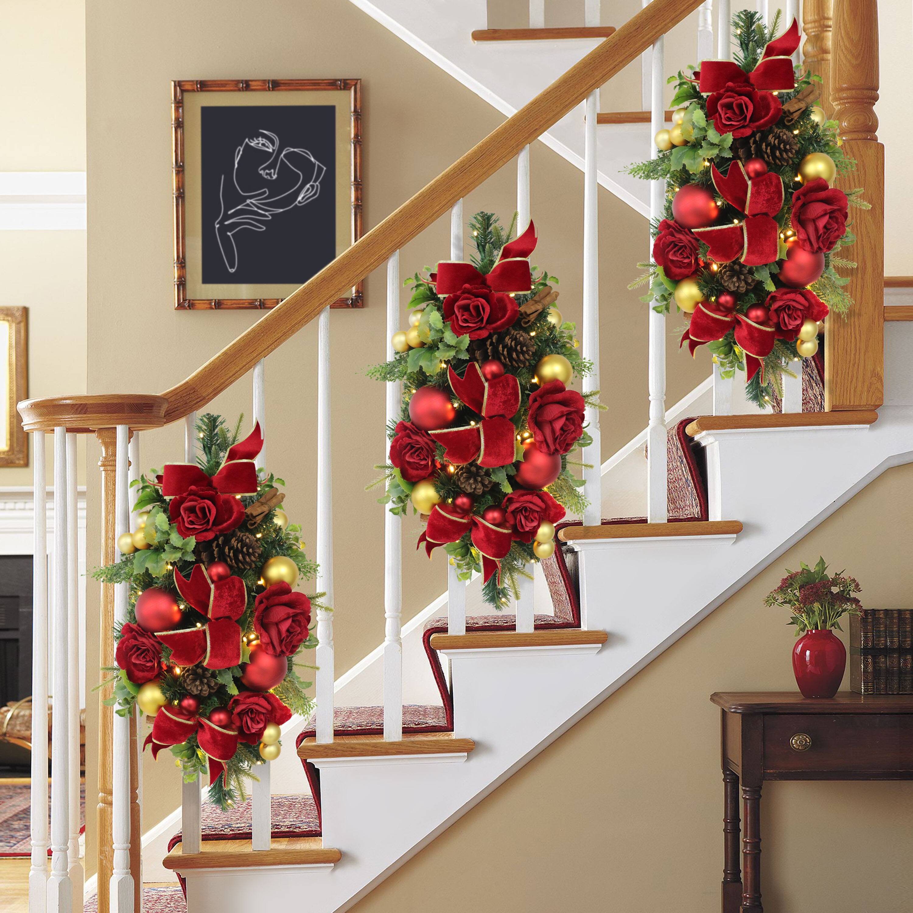 28" Pre-Lit Red & Gold Adorned Artificial Banister Swag