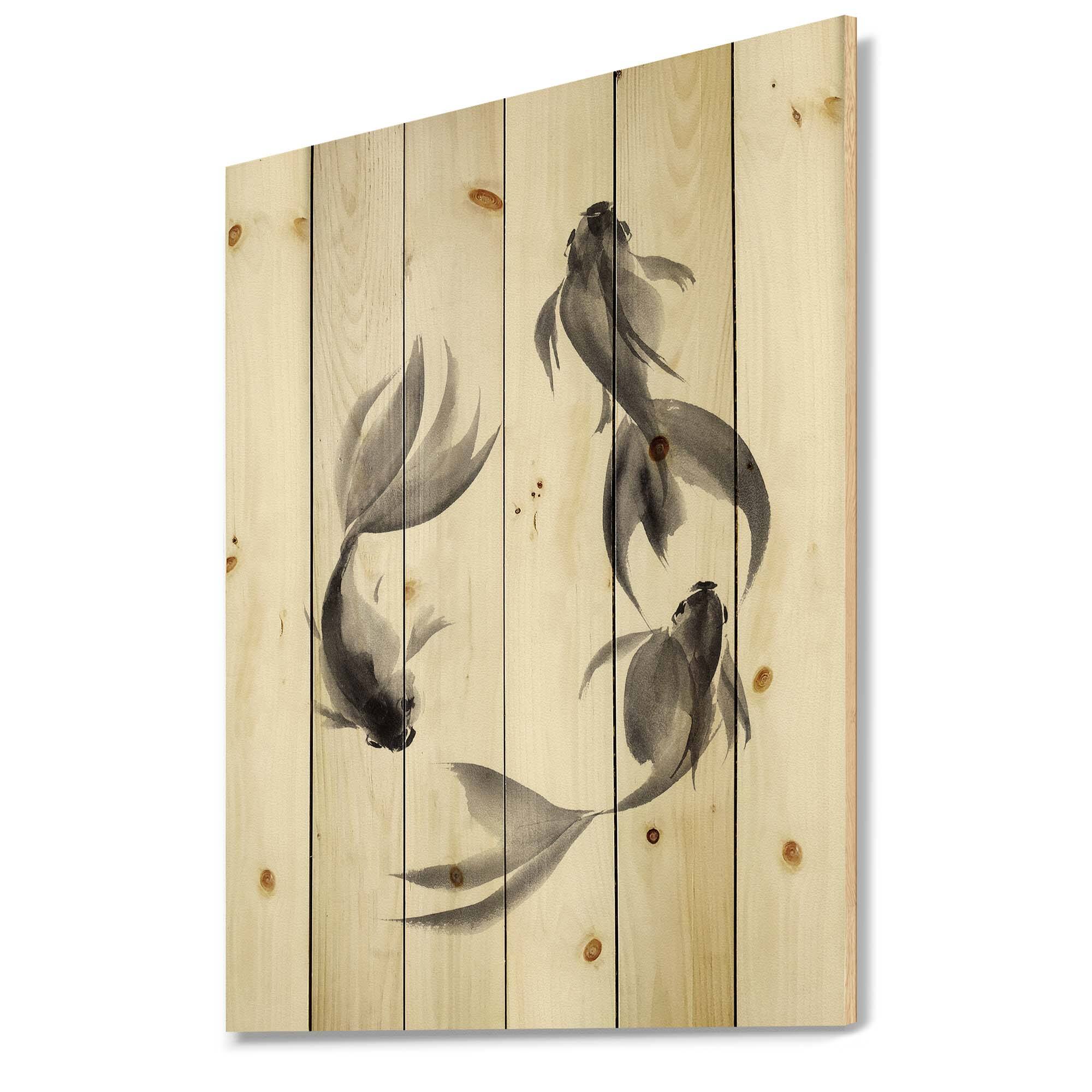 Designart - Monochrome Vintage Fish III - Nautical & Coastal Print on Natural Pine Wood