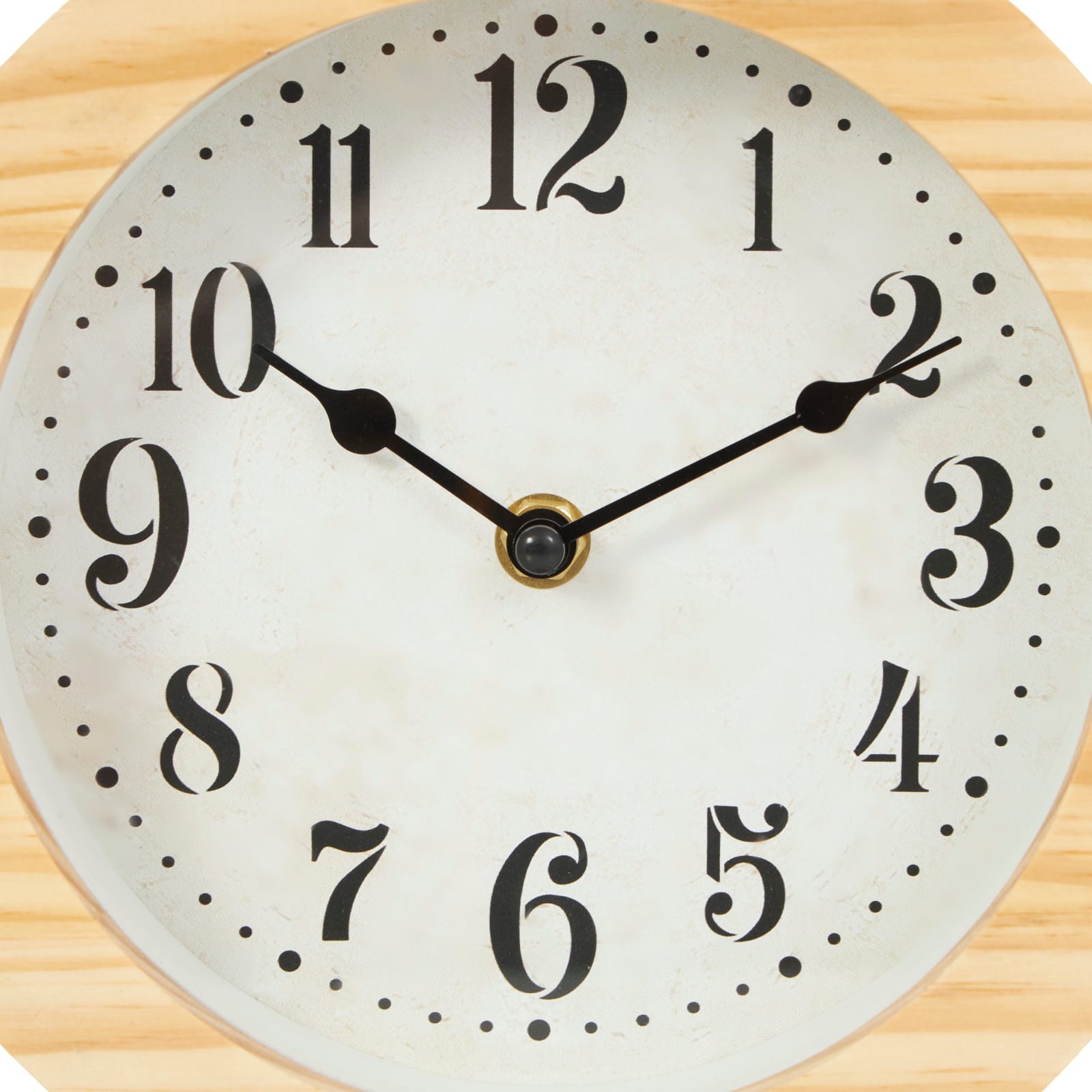 11" Light Brown Wood Clock with Curved Black Metal Stand & Base