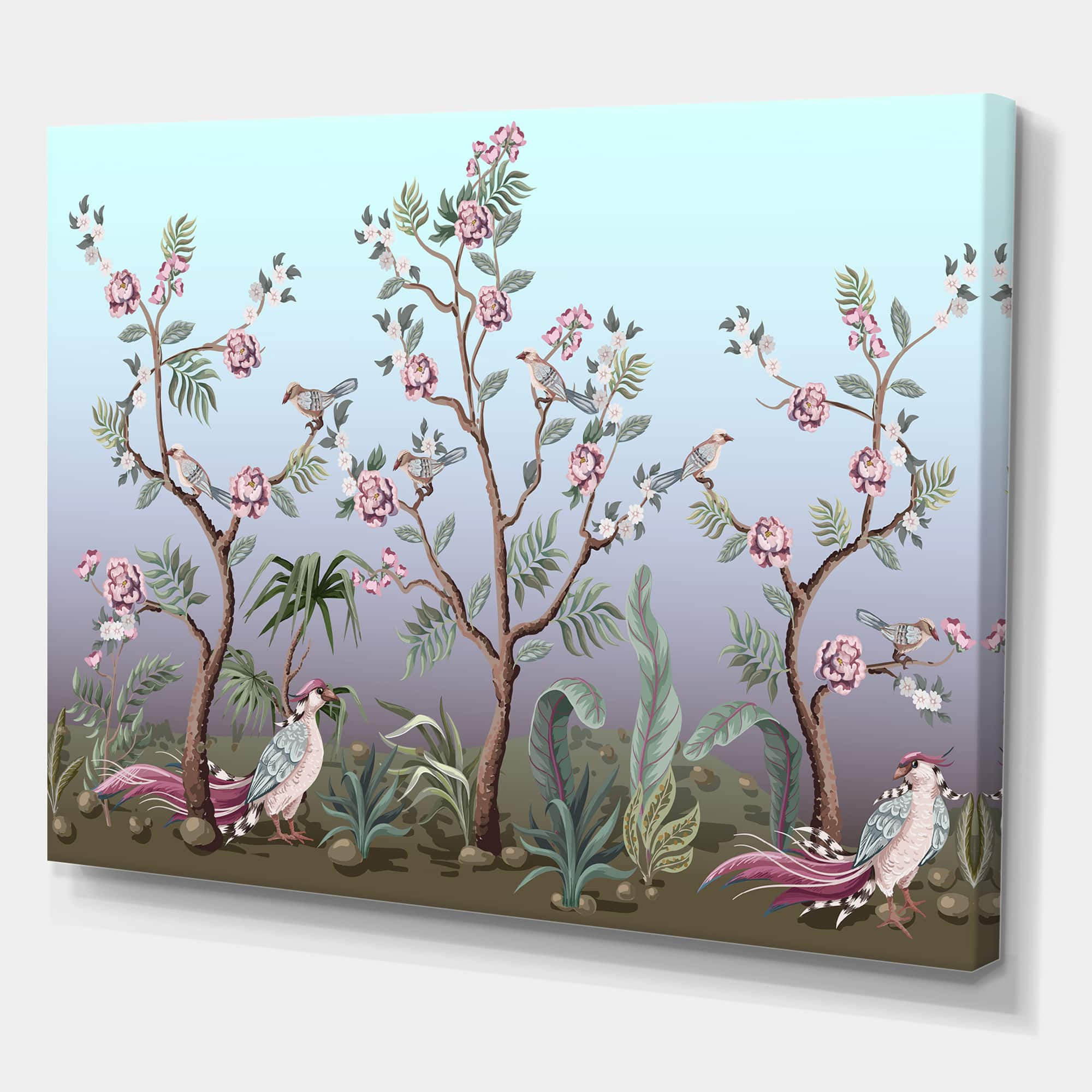 Designart - Chinoiserie With Birds and Peonies II - Traditional Canvas Wall Art Print