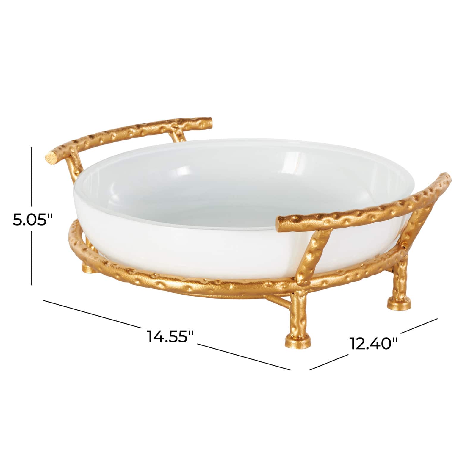 14.5" White Tempered Glass Kitchen Serving Bowl with Gold Metal Stand