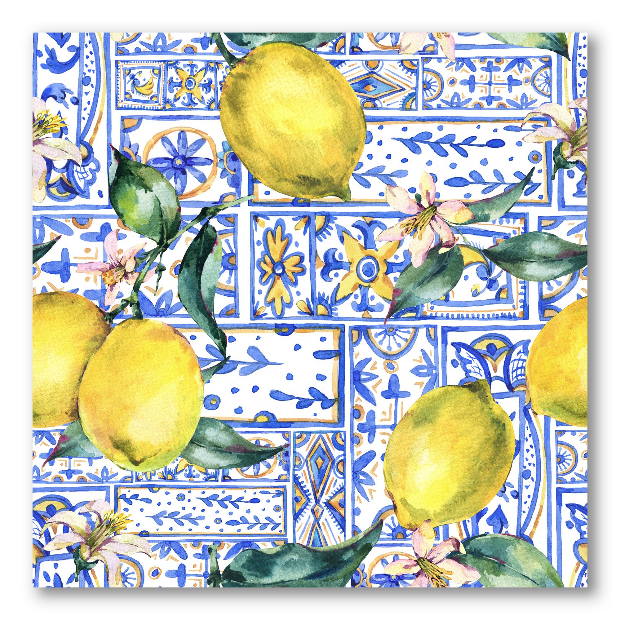 Designart - Lemon Ornament On Blue Geometrical Pattern I - Tropical Canvas Wall Art Print