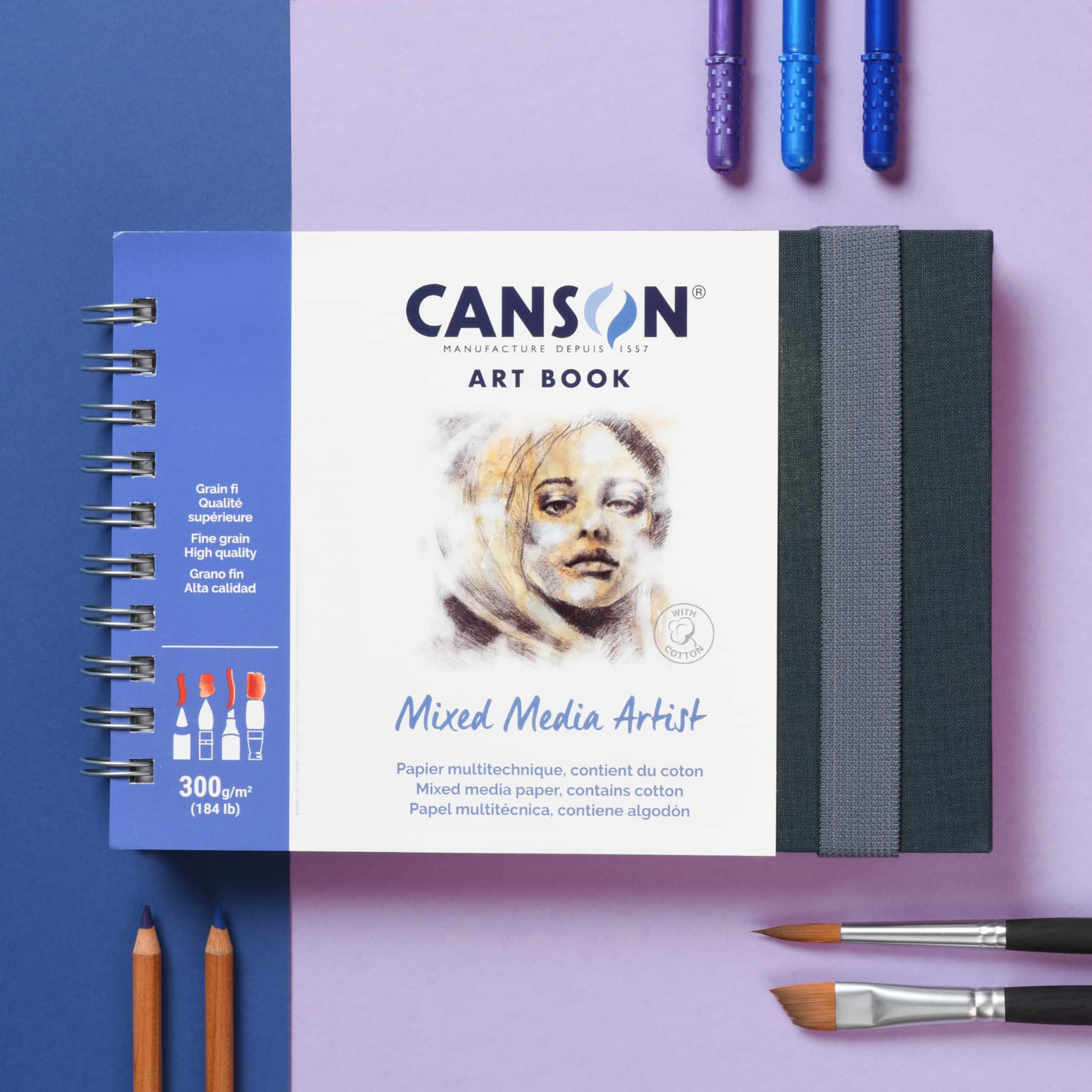 Canson Artist Series Mixed Media Art Book, Fabric Cover, Side Wire Binding, 56 Sheet