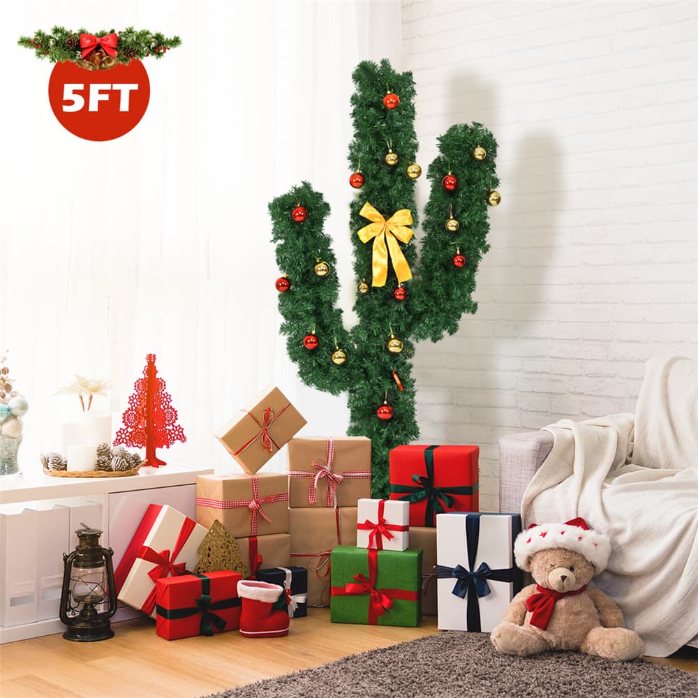 Costway 5ft. Pre-Lit Cactus Artificial Christmas Tree with Ball Ornaments, Warm White LED Lights