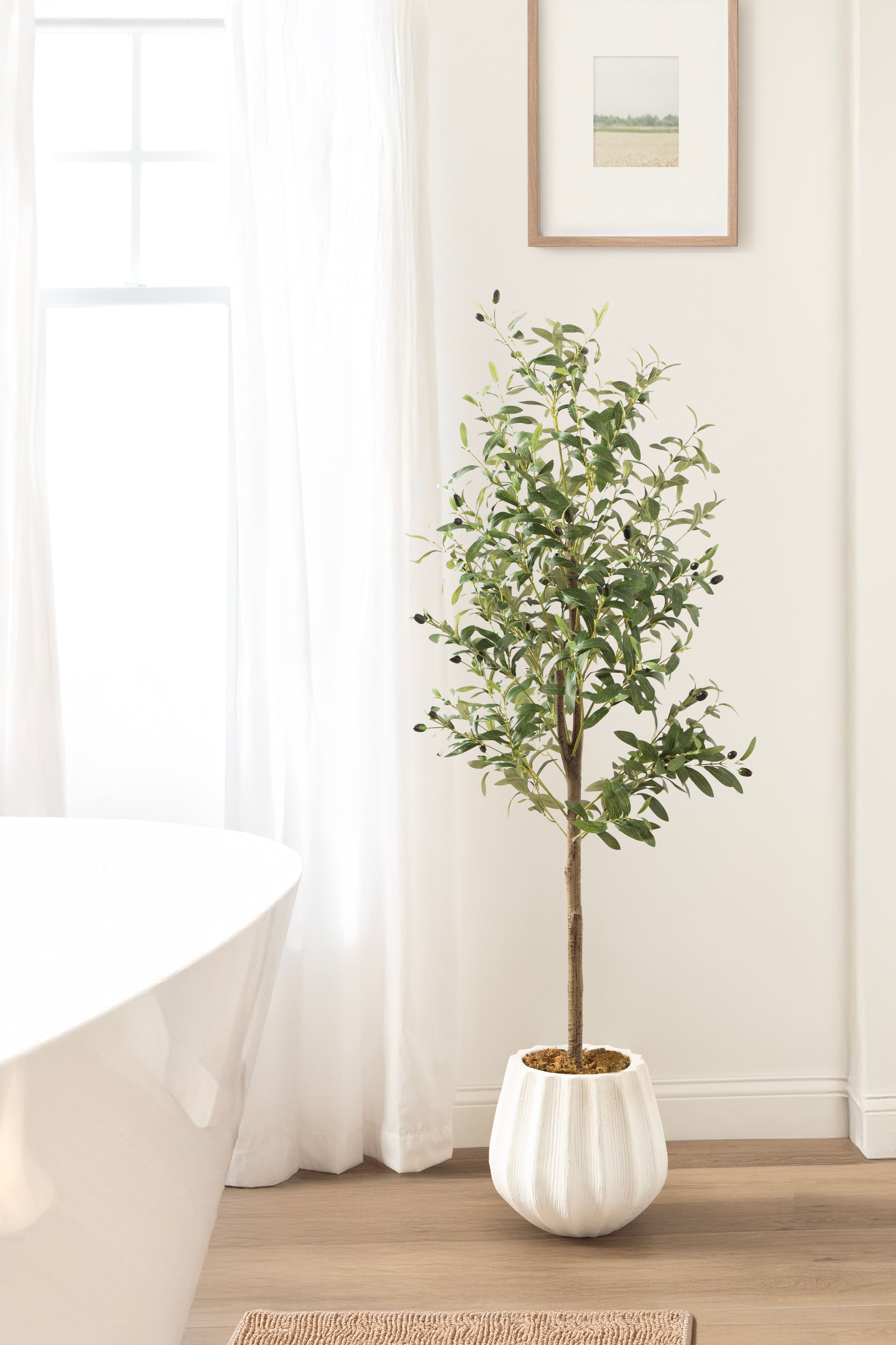 Kate and Laurel 5ft. Oliveira Faux Olive Tree in Claudel Scalloped Distressed White Planter