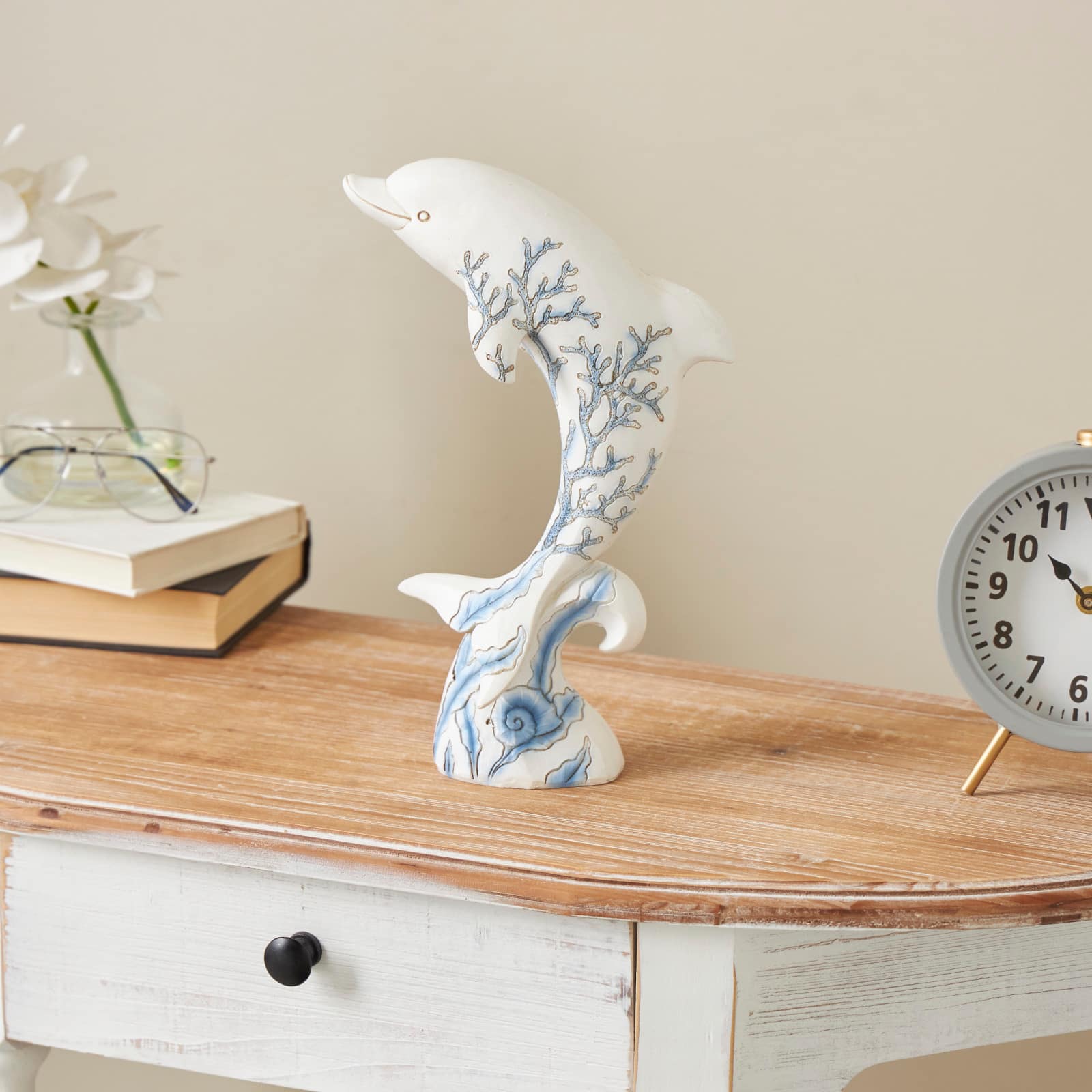 12" White with Blue Coral Pattern Curved Polystone Dolphin Sculpture