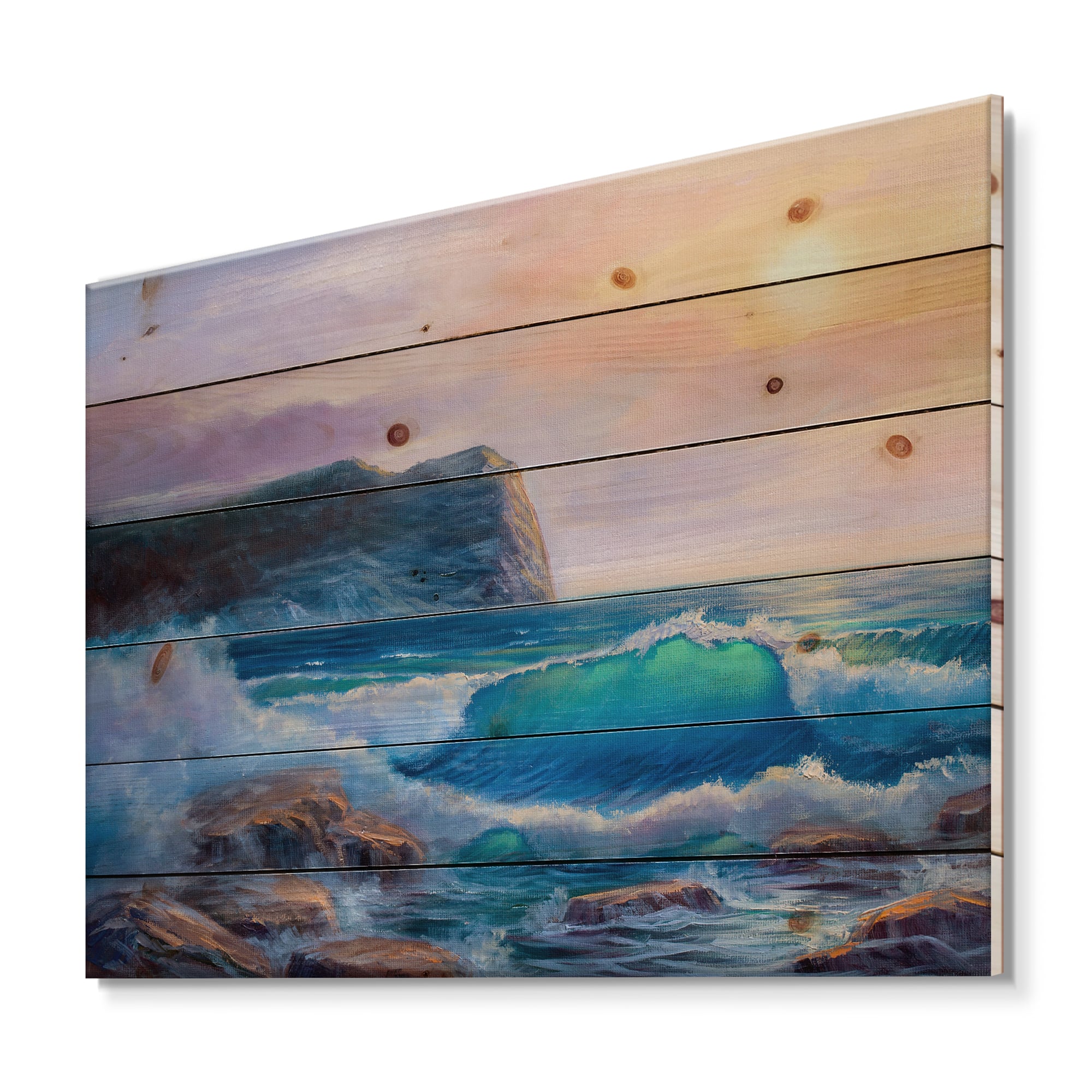 Designart - Blue Waves Breaking At The Beach III - Nautical & Coastal Print on Natural Pine Wood
