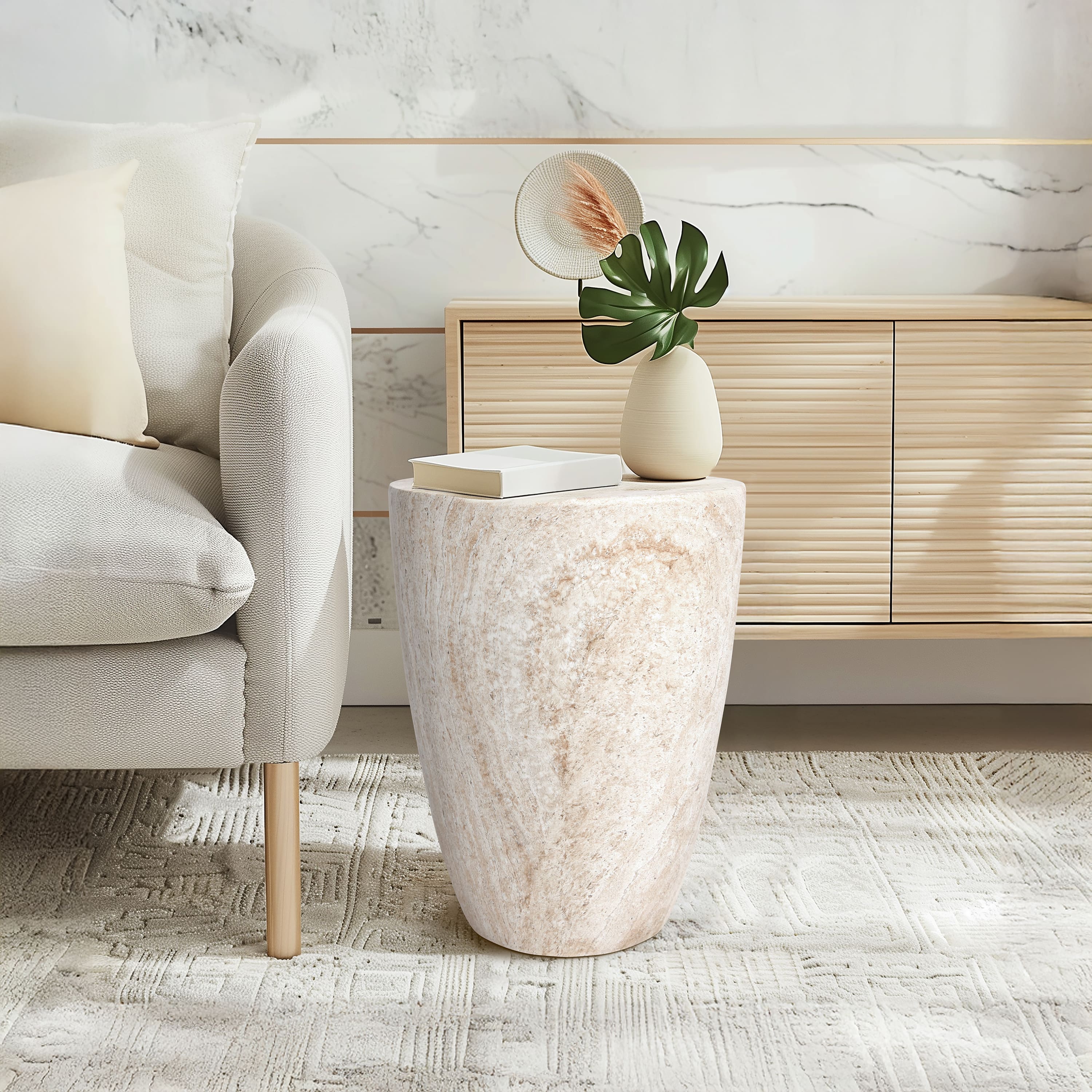 Empire Art Direct 18" Tapered Travertine Stone Finish MGO Side Accent Table