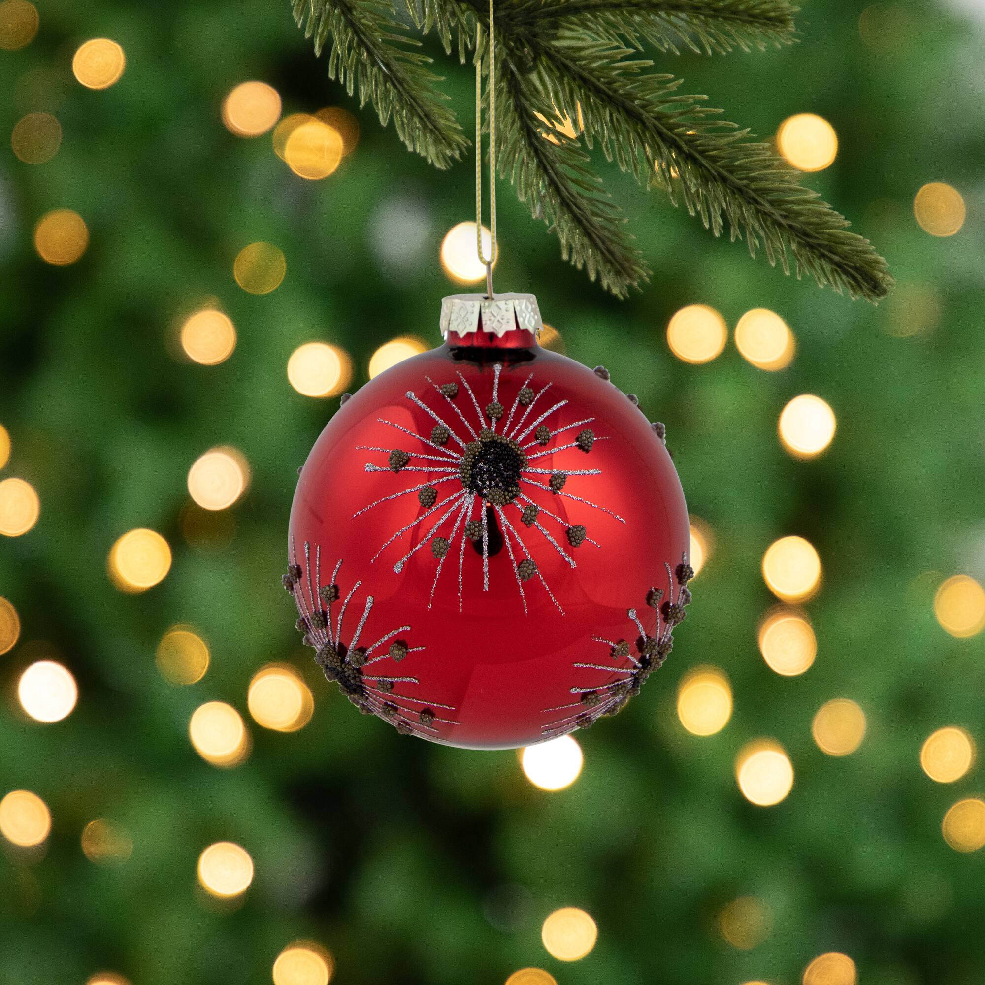 4" Red & Brown Beaded Bursting Snowflake Glass Ball Ornament