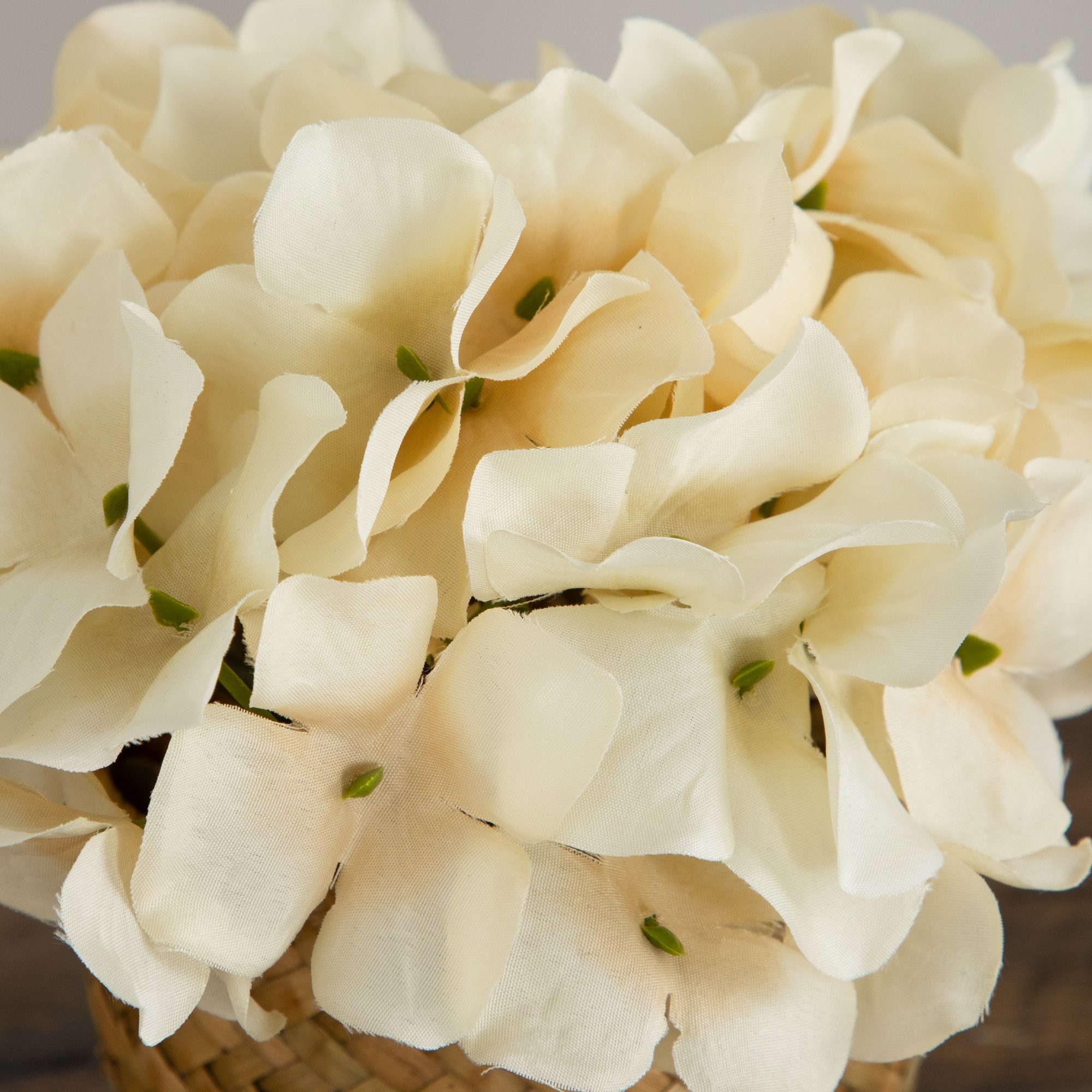 7" Artificial Cream Hydrangea Arrangement in Woven Basket