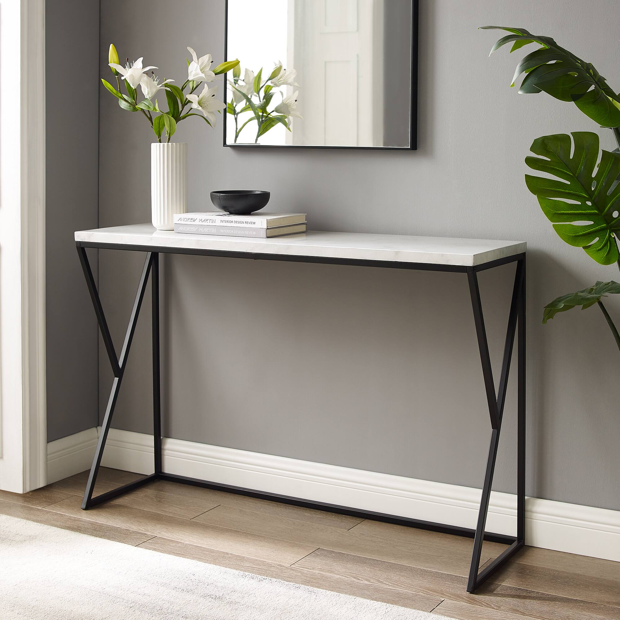 Walker Edison Faux White Marble/Black Geometric Side Entry Table