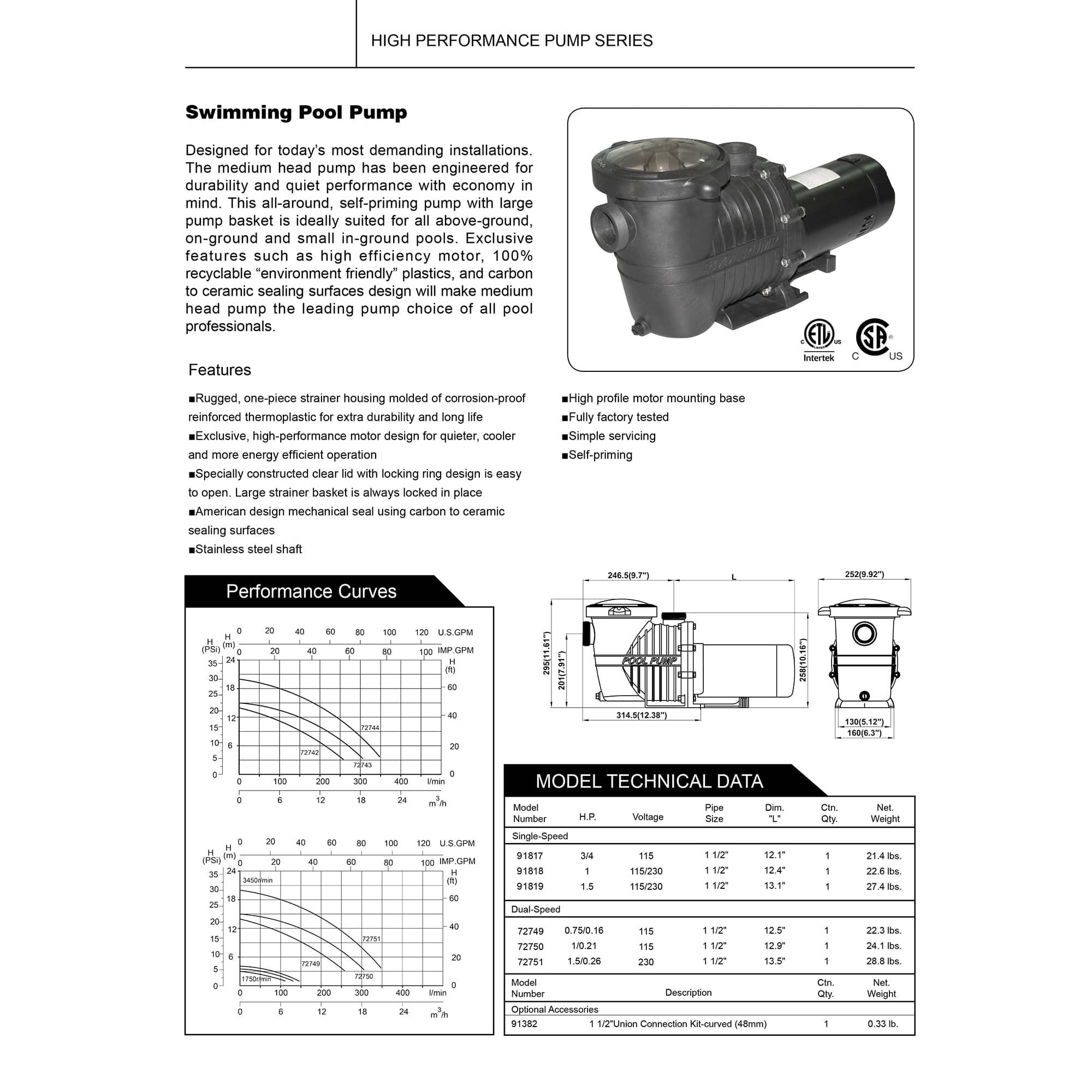 High Performance Self-Priming In-Ground Swimming Pool 1.5 HP Pump
