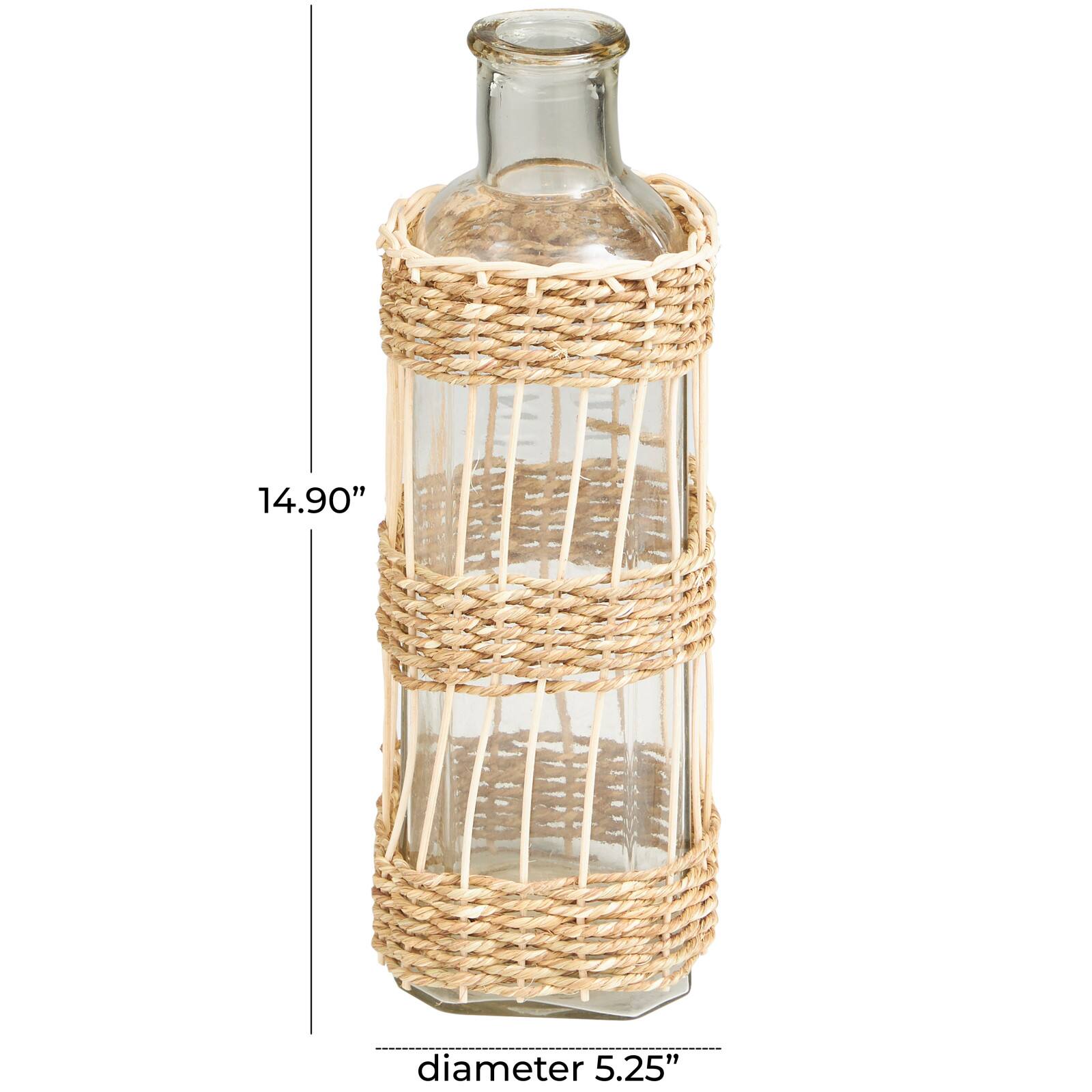 15" Clear Glass Handmade Vase with Light Brown Rattan Woven Body