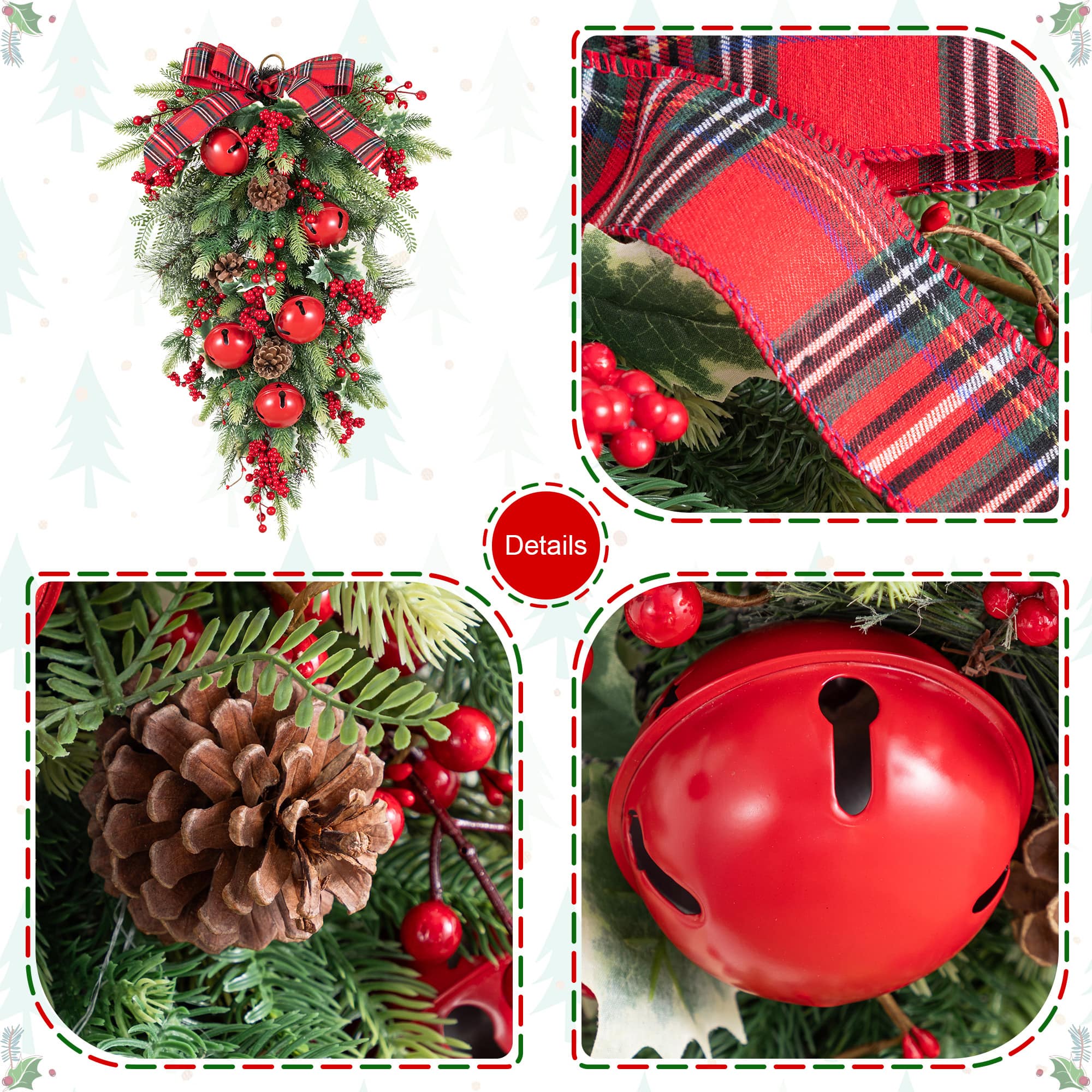 Glitzhome® 28" Christmas Bell Pinecone & Berry Bow Teardrop, Set of 2