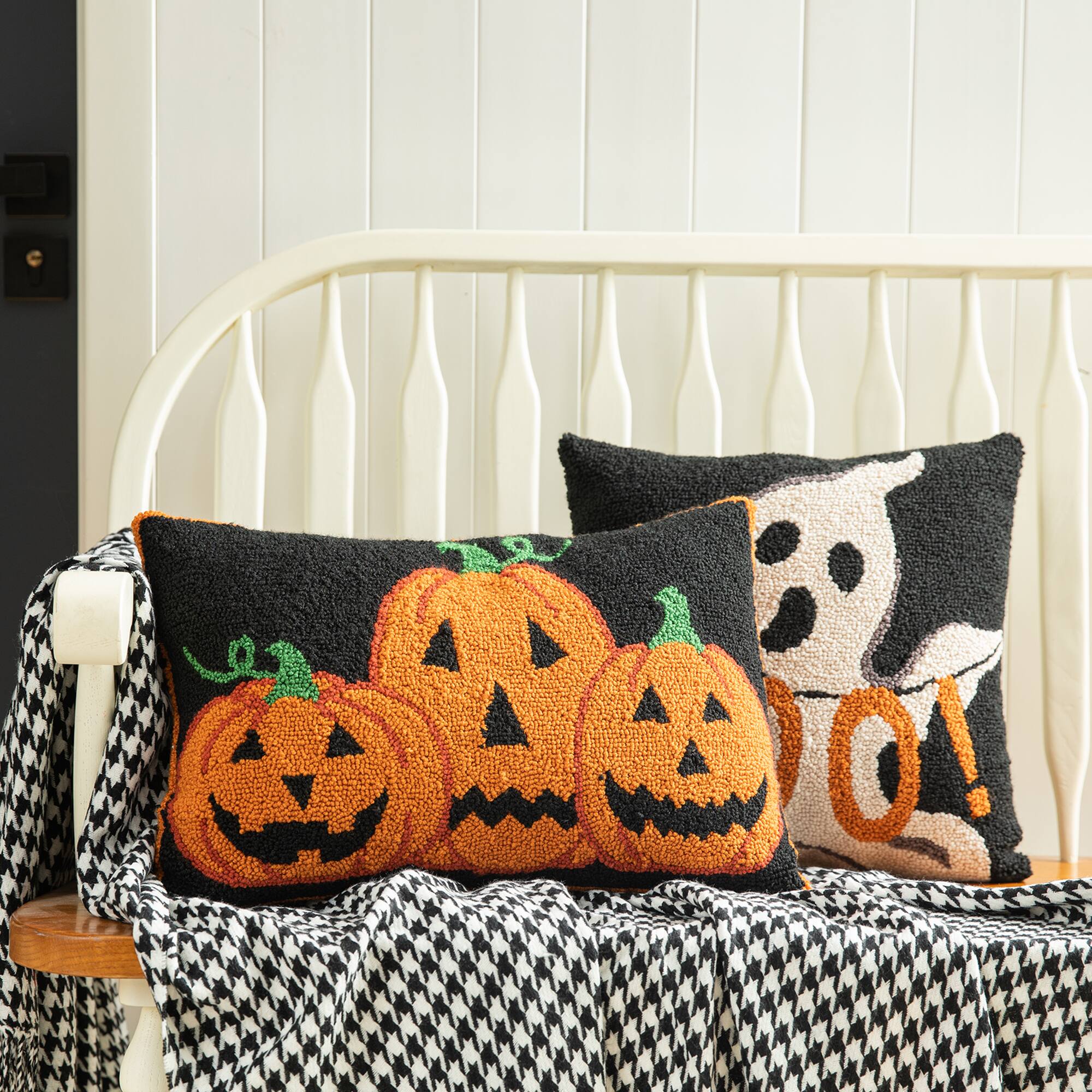 Glitzhome® 18" x 12" Hooked Halloween Pumpkins Pillow