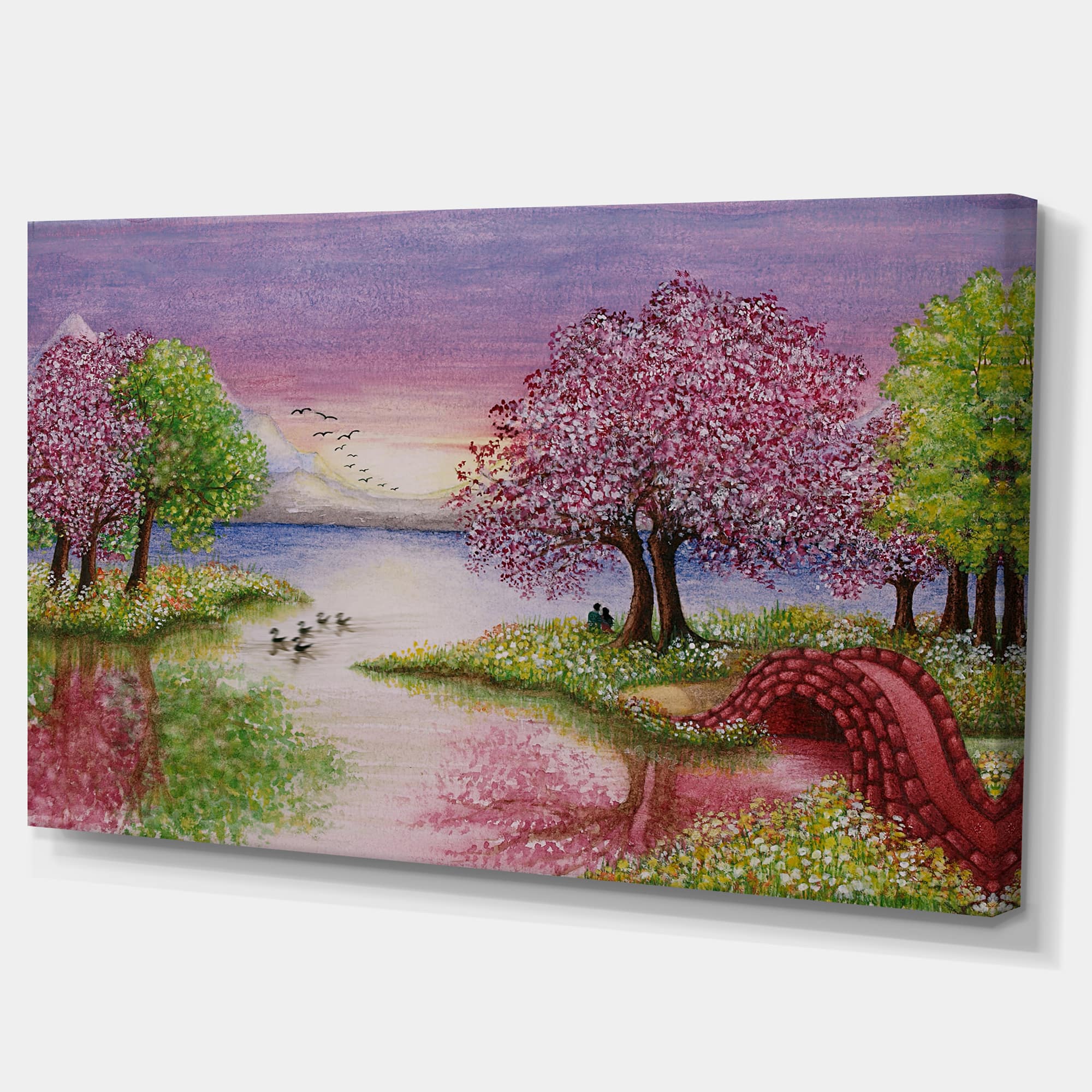 Designart - Romantic Lake in Pink and Green - Extra Large Wall Art Landscape