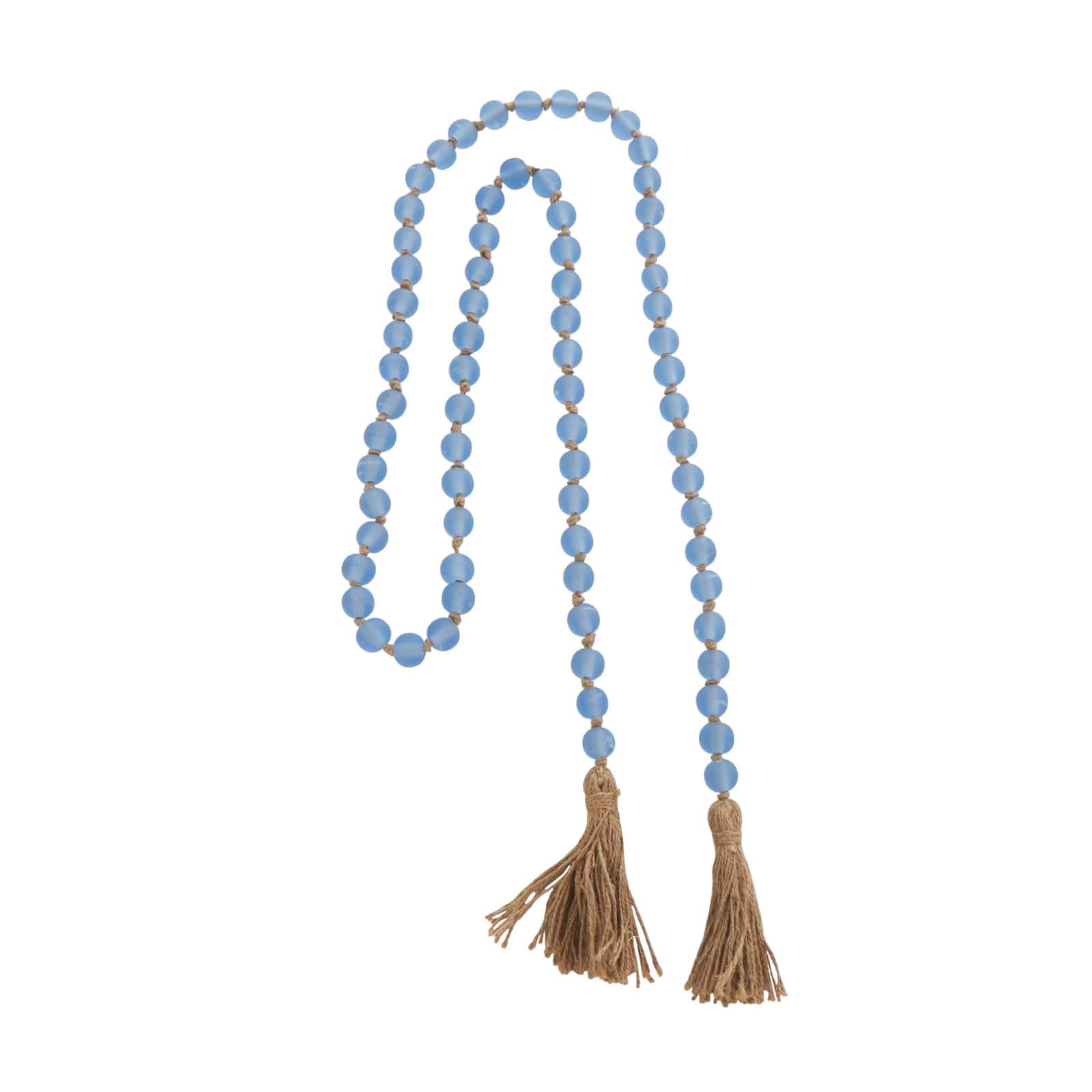 Light Blue Handmade Frosted Glass Beaded Garland with Tassel and Knotted Brown Jute
