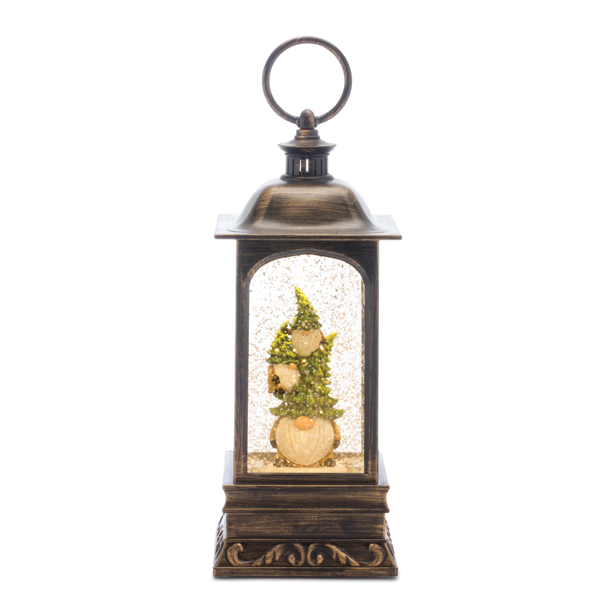 10.75" LED Snow Globe Lantern with Gnome Stack