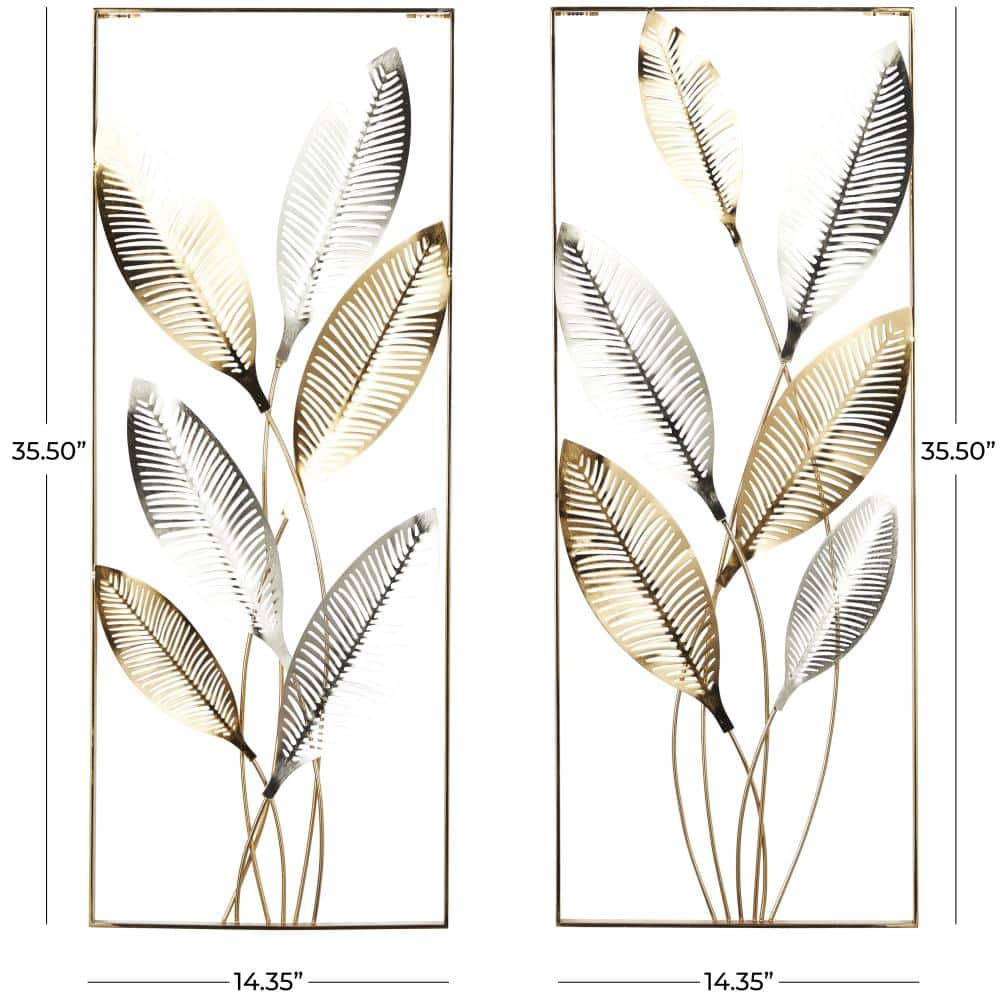 35.5" x 14.5" Gold with Silver Accents Metallic Leaf Cutout Wall Décor, 2ct.