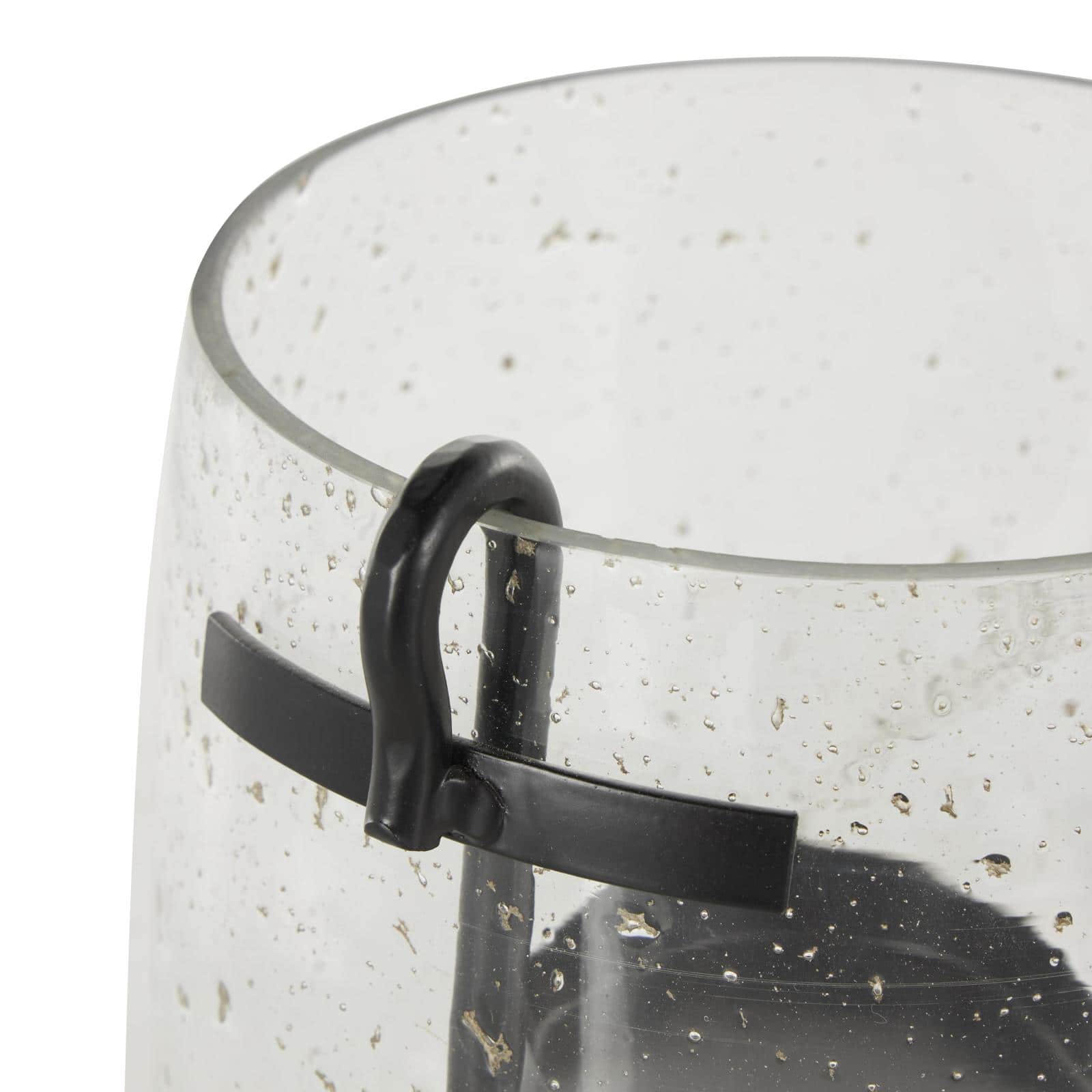 7.75" Clear Glass Candle Holder with Black Metal Accents & Brown Speckles