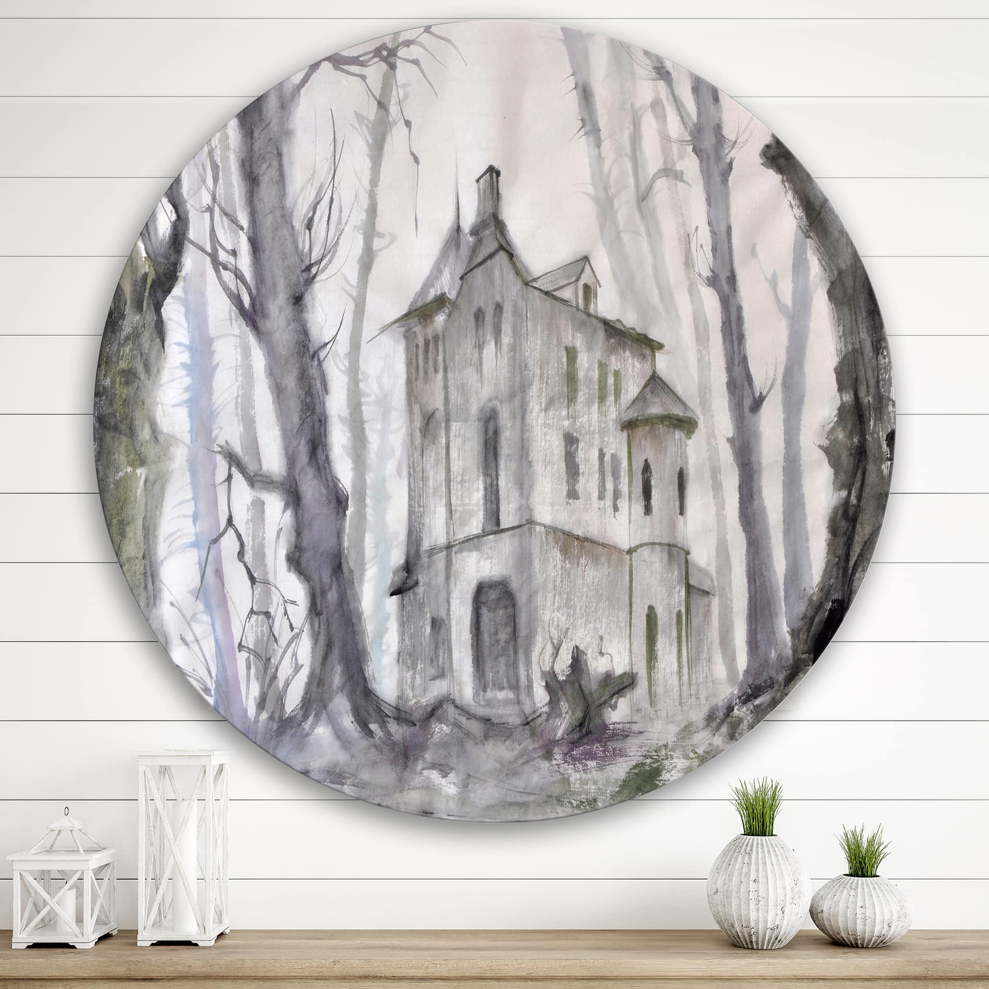 Designart - Haunted Castle In The Woods - Traditional Metal Circle Wall Art