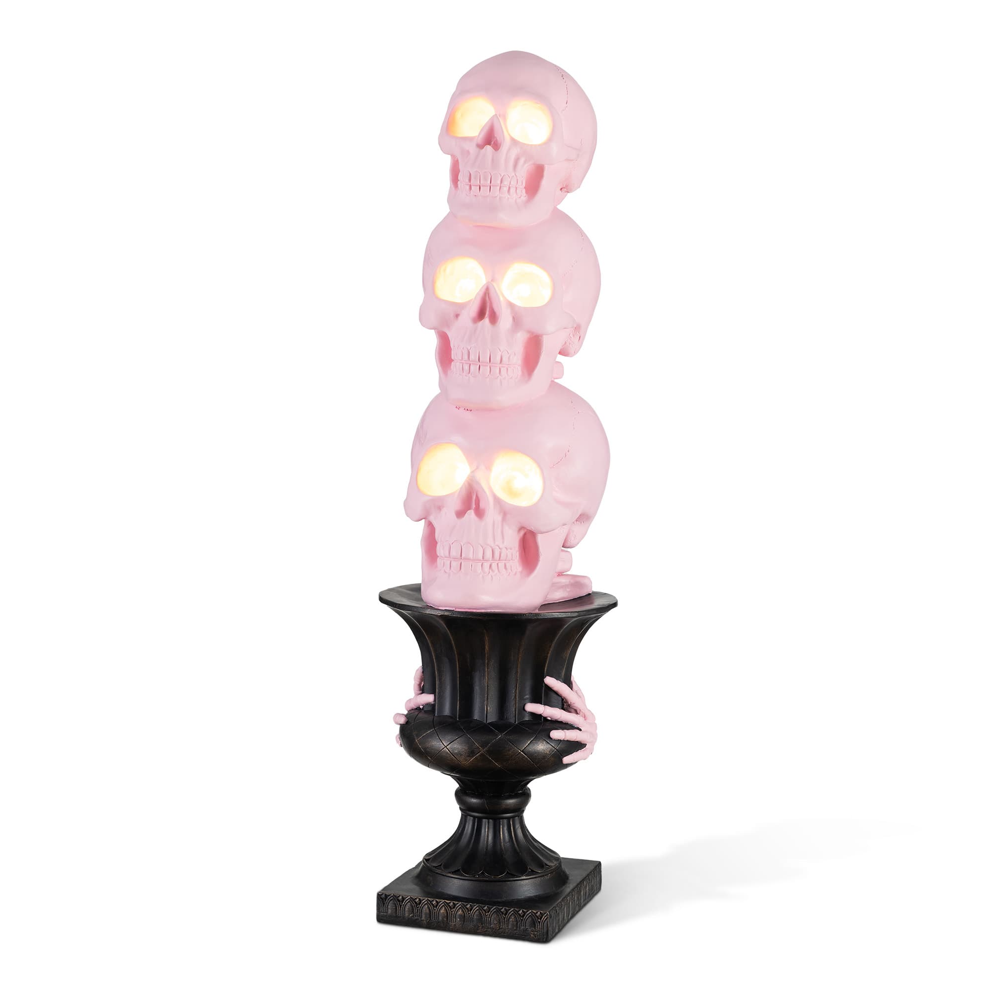Glitzhome® 31.5" Halloween MGO Lighted Stacked Pink Skull with Black Urn Porch Decor with Timer