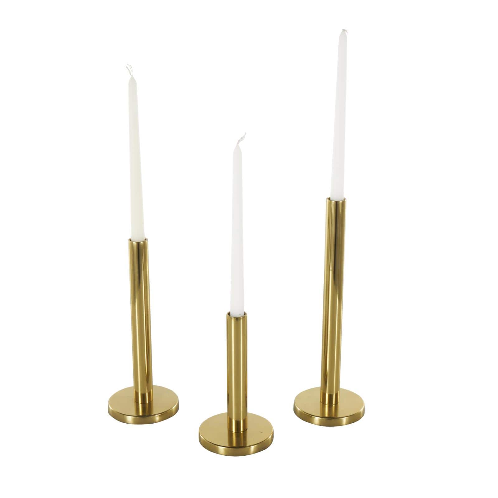 Gold Stainless Steel Metal Slim Minimalistic Candle Holder with Round Base Set