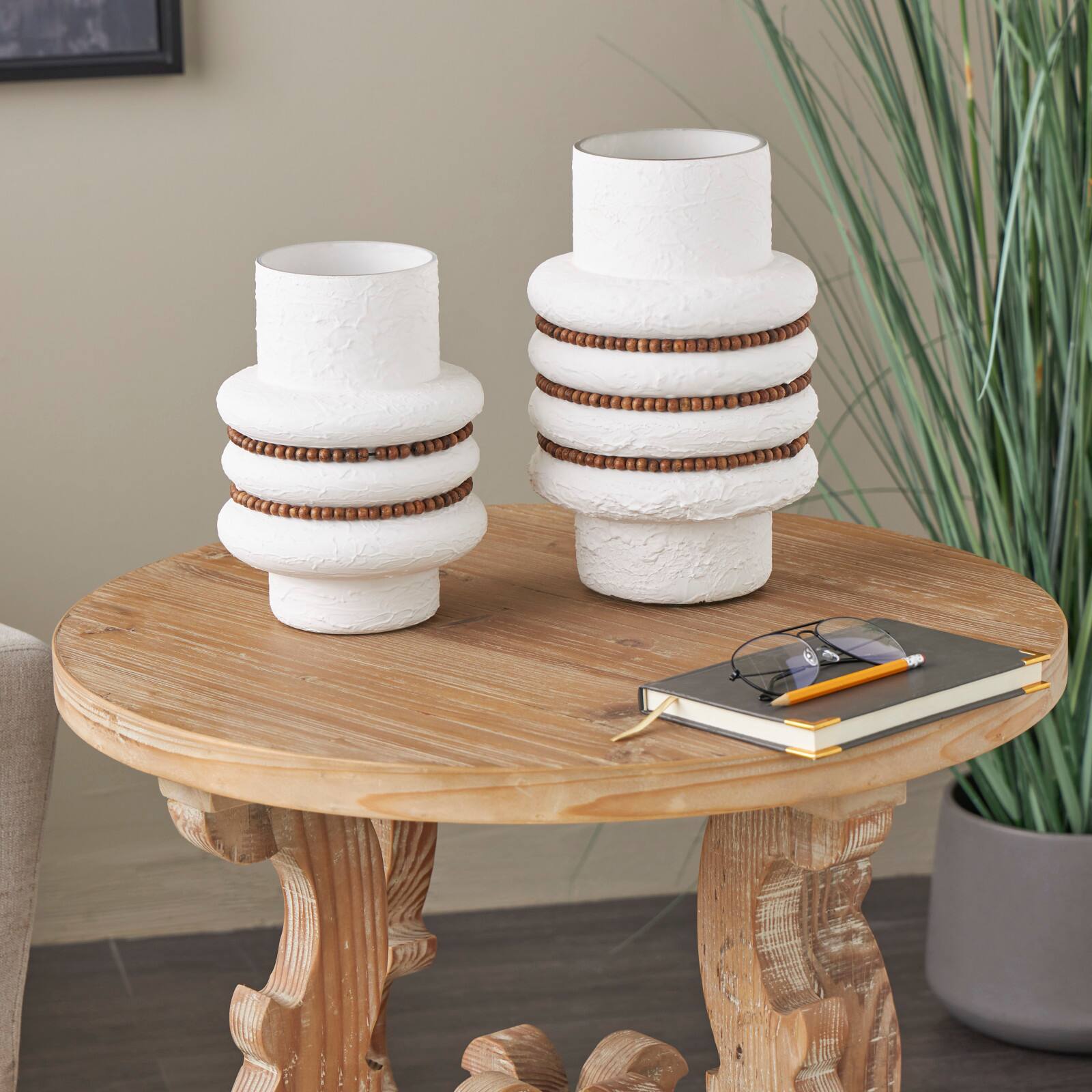 White Glass Textured Decorative Vase with Brown Wood Beaded Stripes Set