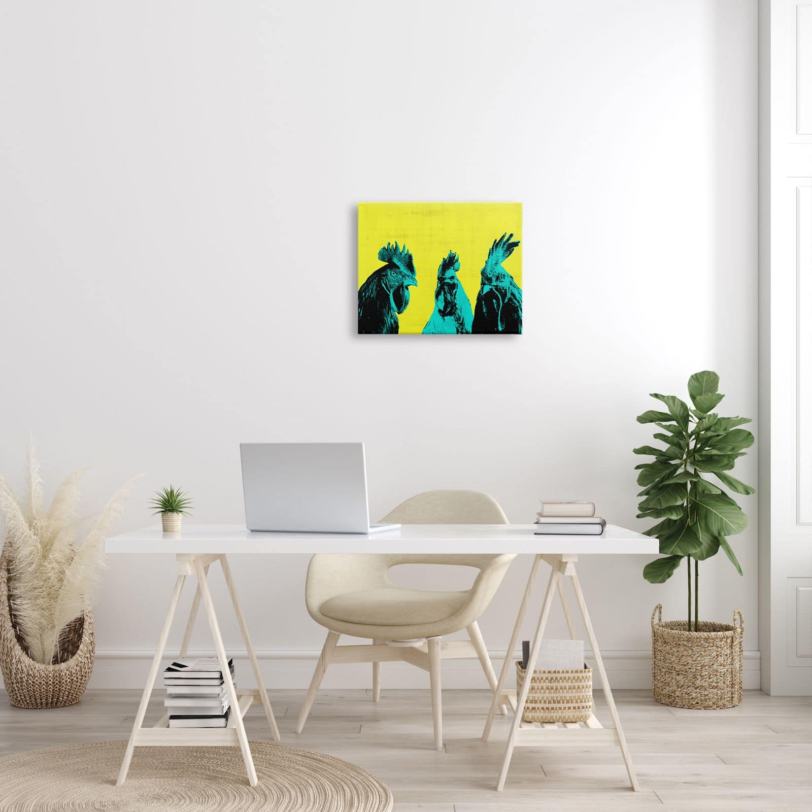 Stupell Industries Bold Pop Farm Roosters Yellow Blue Abstract Birds Canvas Wall Art