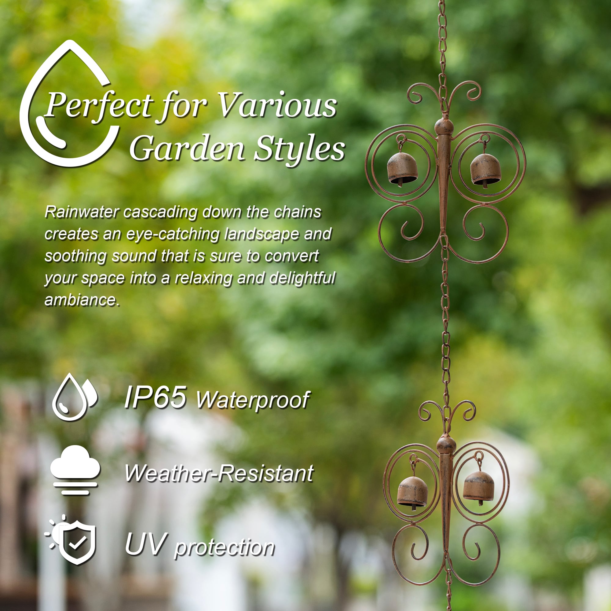 Glitzhome® 8.5ft. 8-Piece Faux Copper Butterfly-Shaped Rain Chain with V-Shaped Gutter Clip