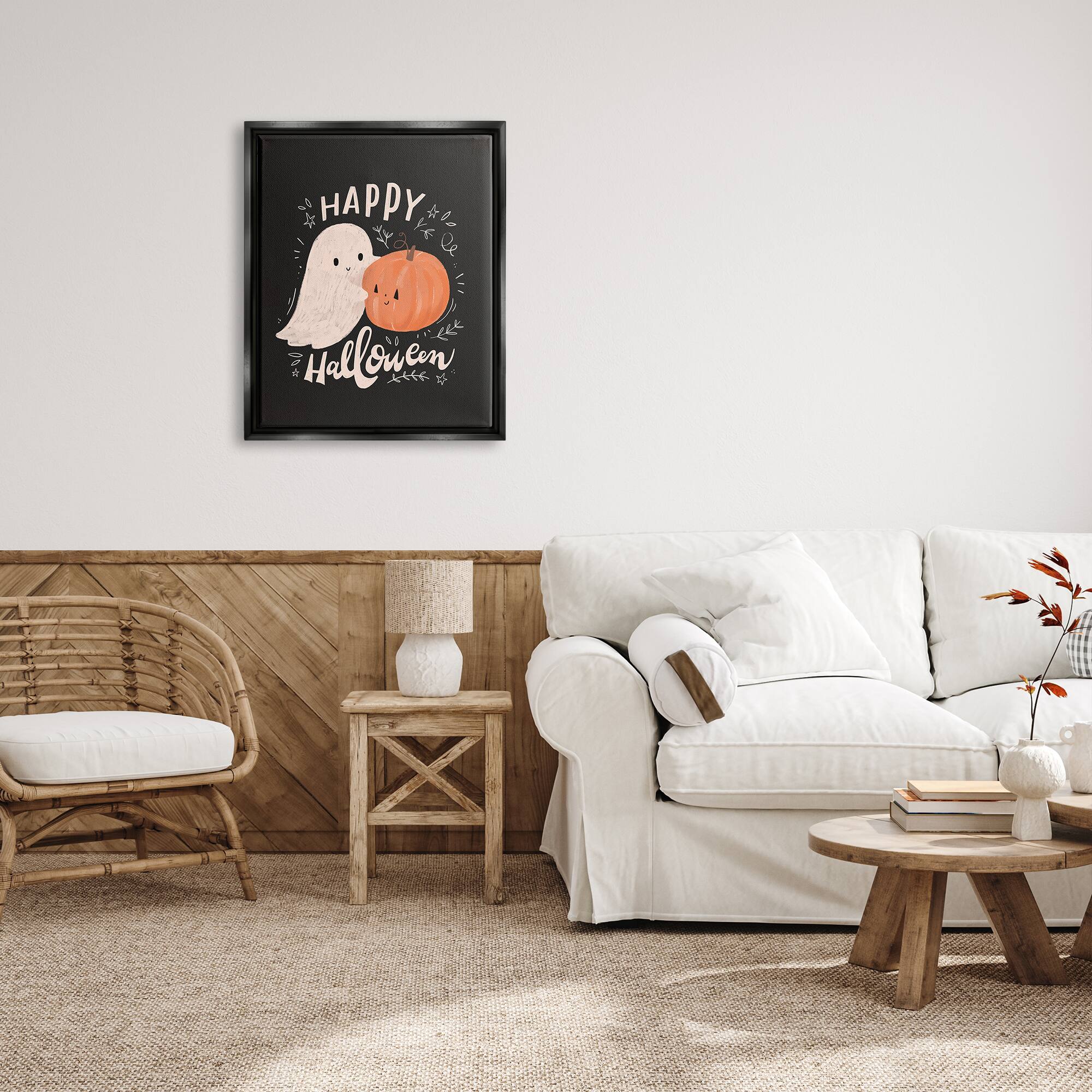 Stupell Industries Happy Halloween Smiling Ghost Pumpkin Framed Floater Canvas Wall Art