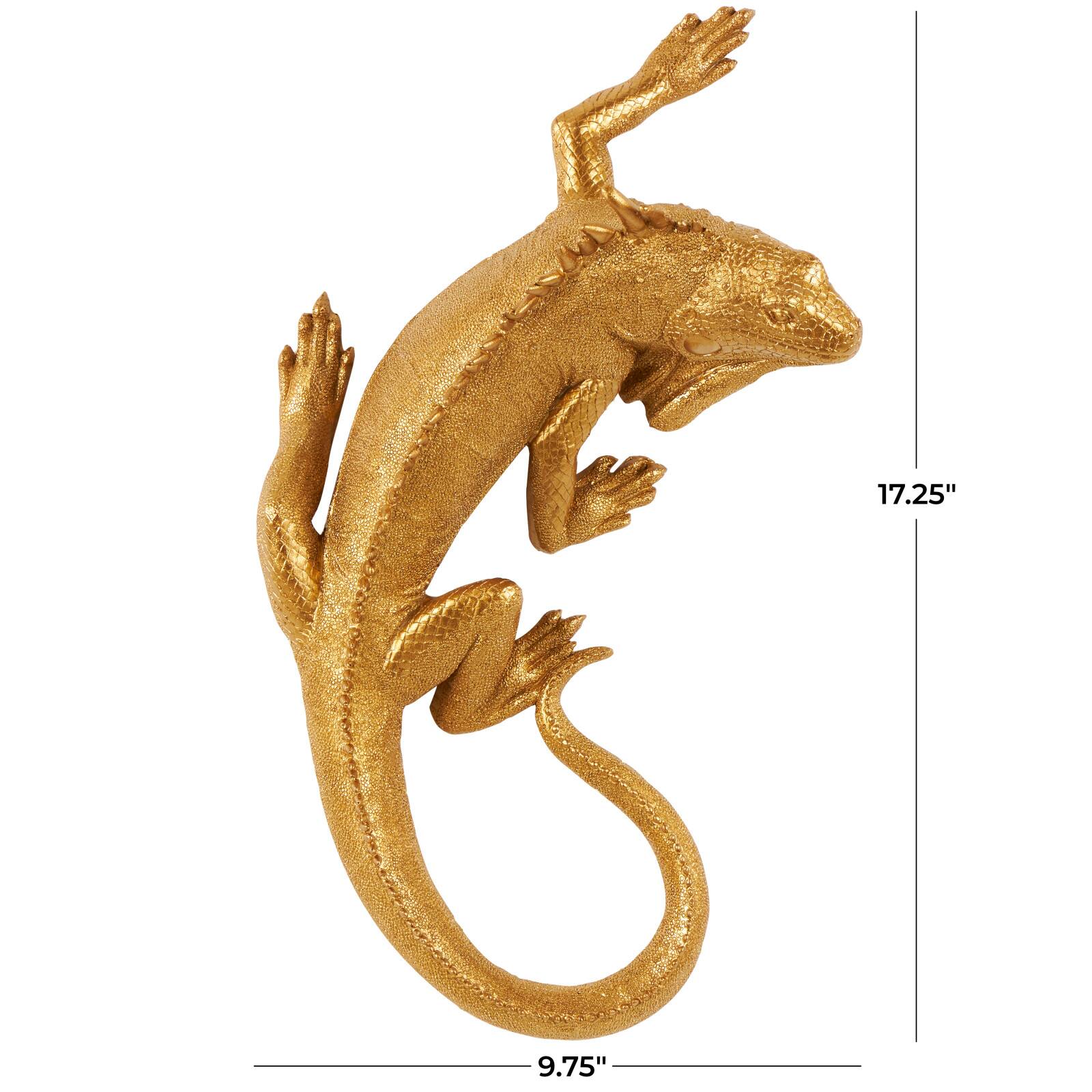 17" Gold Polystone Textured Climbing Lizard Sculpture