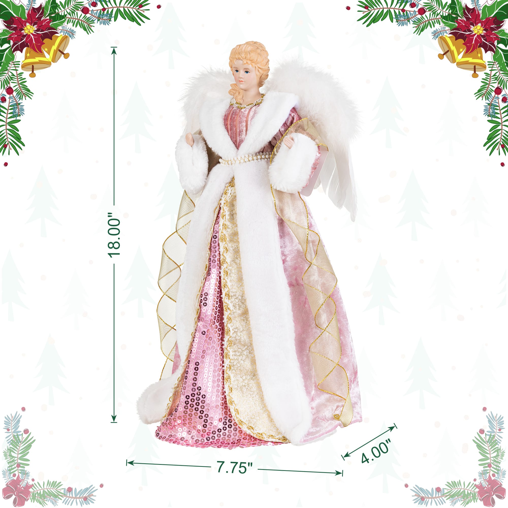Glitzhome® 18" Faux Fur & PVC Deluxe Pink Christmas Angel Tree Topper with Porcelain Face