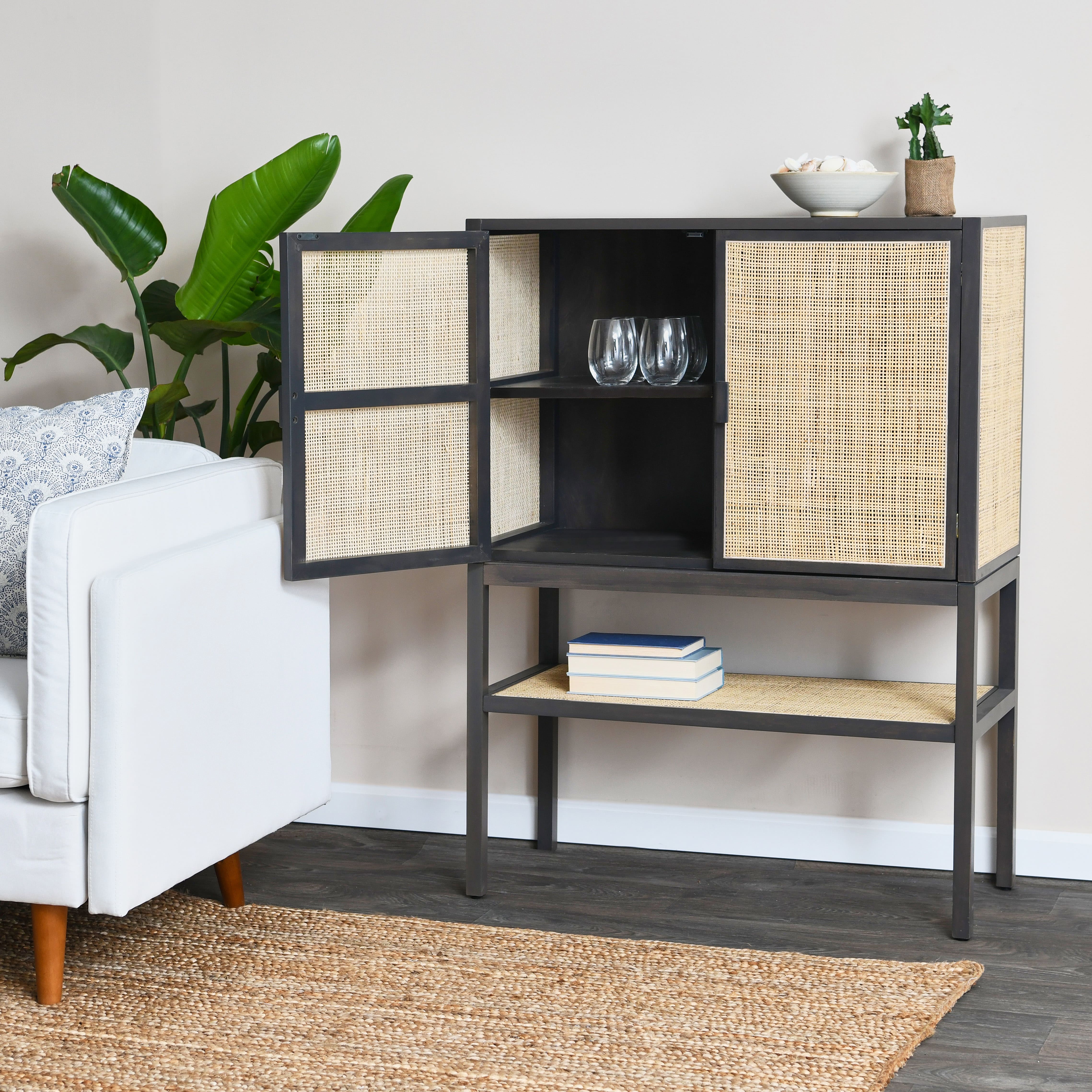 Hello Honey® 47" Boho Woven Rattan and Wood Cabinet with Doors, Shelf