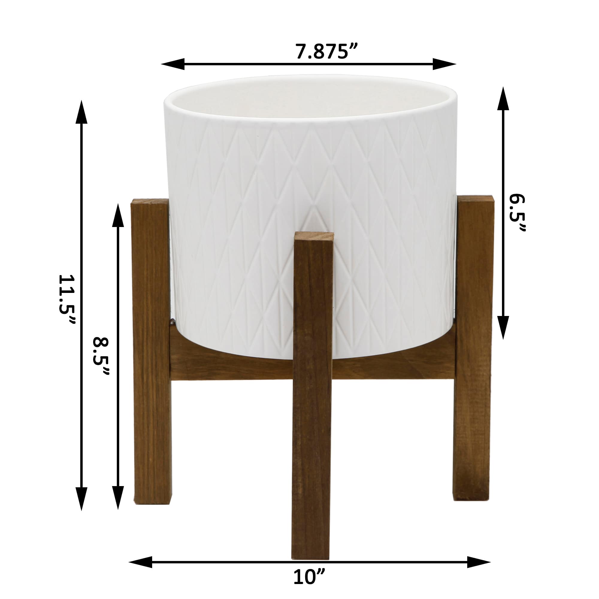Flora Bunda 8" Matte White Diamond Ceramic Pot On Wood Stand