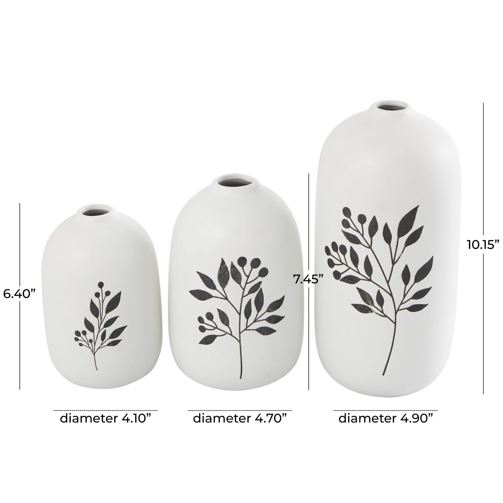 White Ceramic Vase with Black Leaf & Berry Prints Set