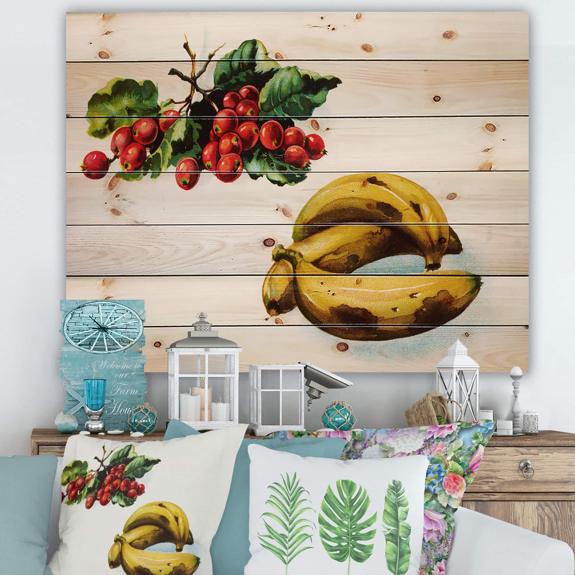 Designart - Banana and Red Berries - Farmhouse Print on Natural Pine Wood