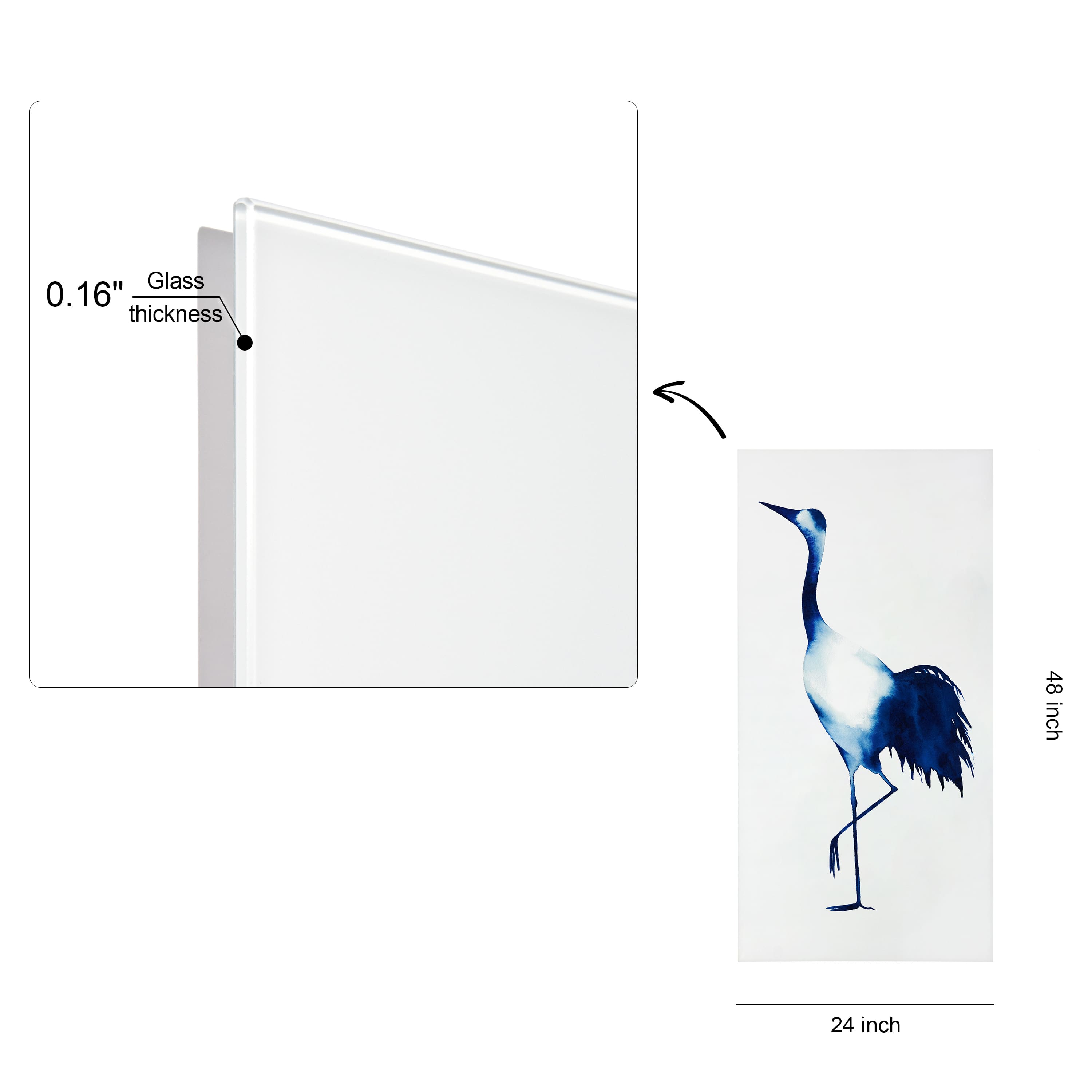 Empire Art Direct 24" x 48" Ink Drop Crane 2 Frameless Free Floating Printed Tempered Glass Wall Art