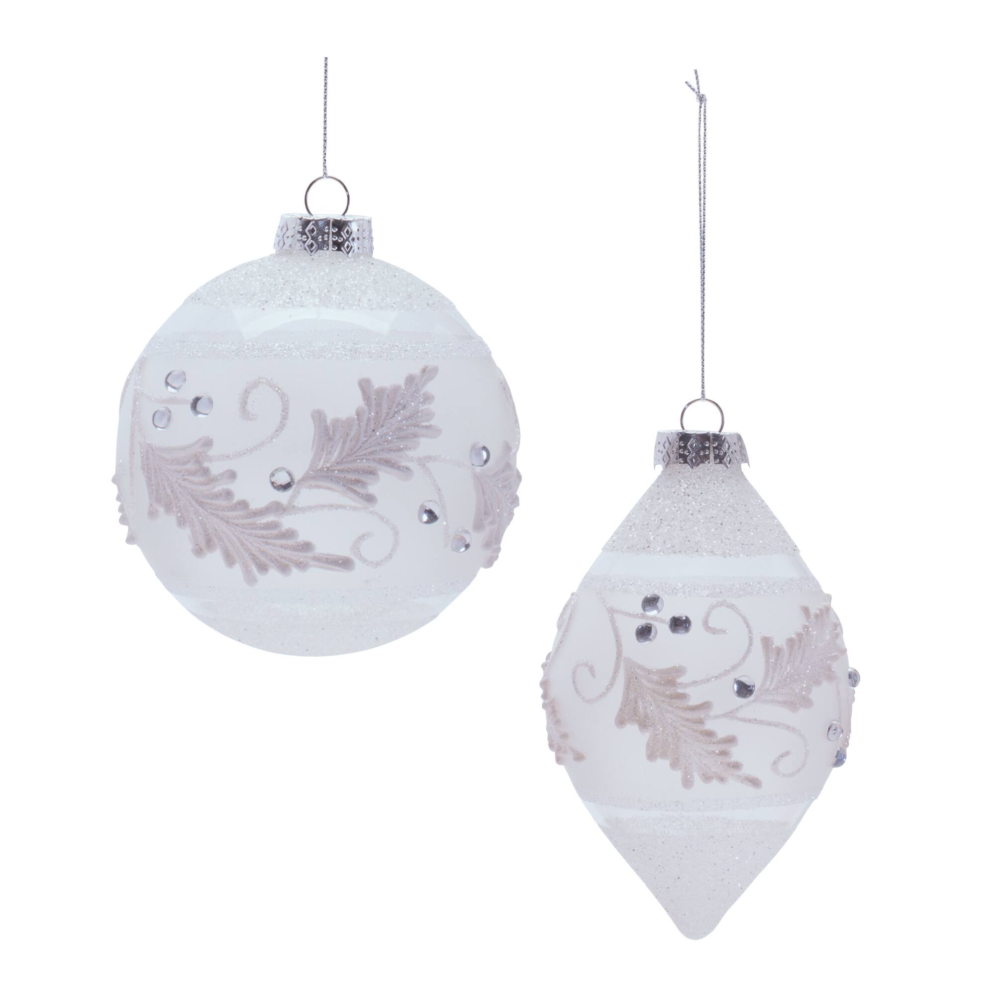 Melrose White Ball & Finial Glass Holiday Ornaments Set