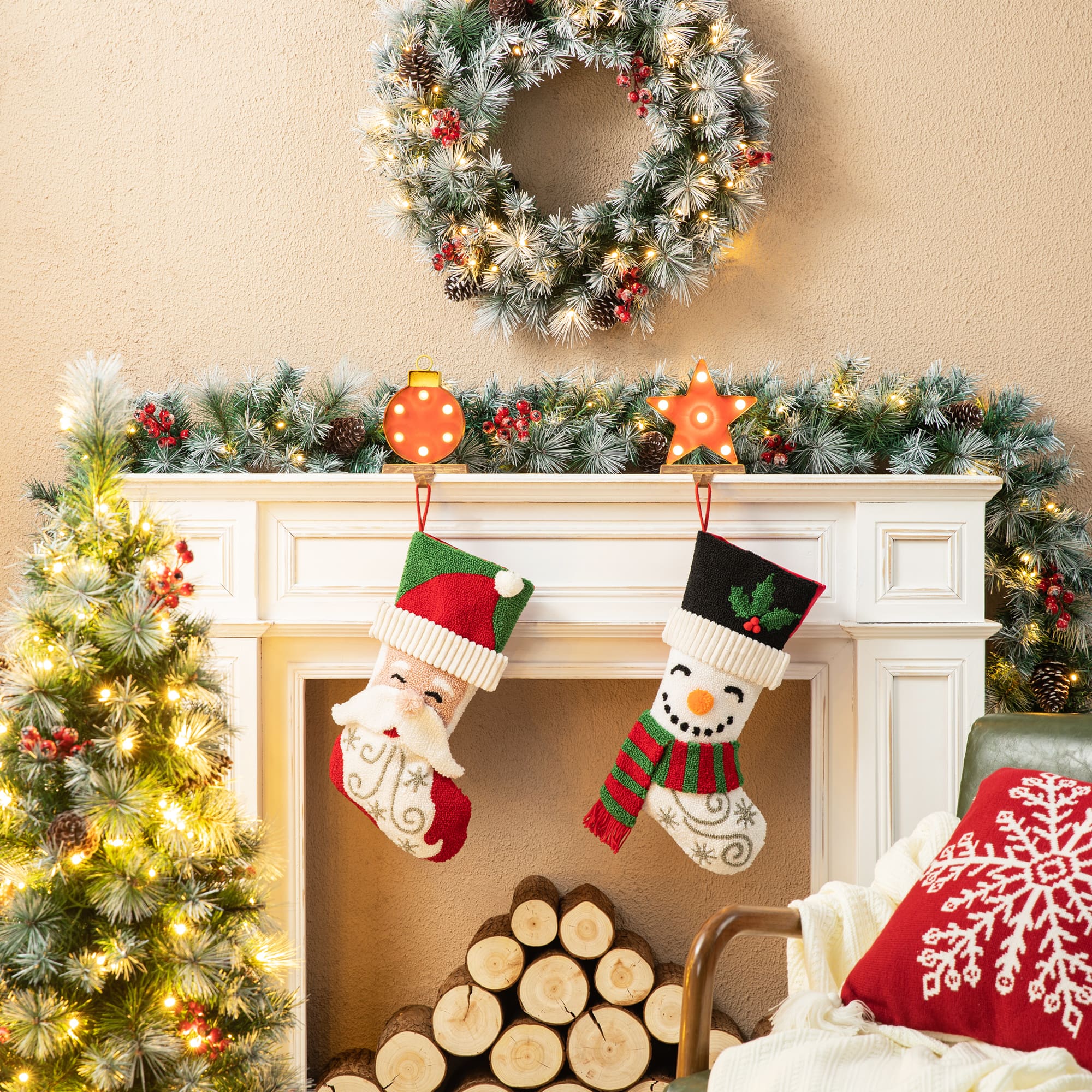Glitzhome® 20.5" Santa & Snowman Hooked Stocking Set