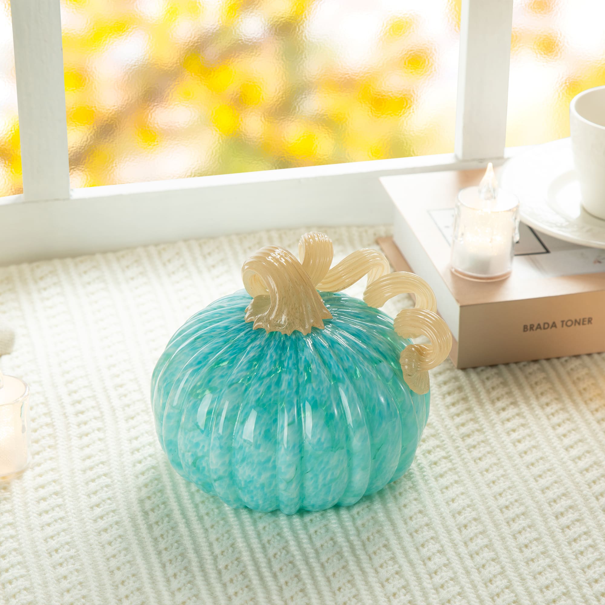 Glitzhome® 6" Fall Turquoise Round Glass Pumpkin