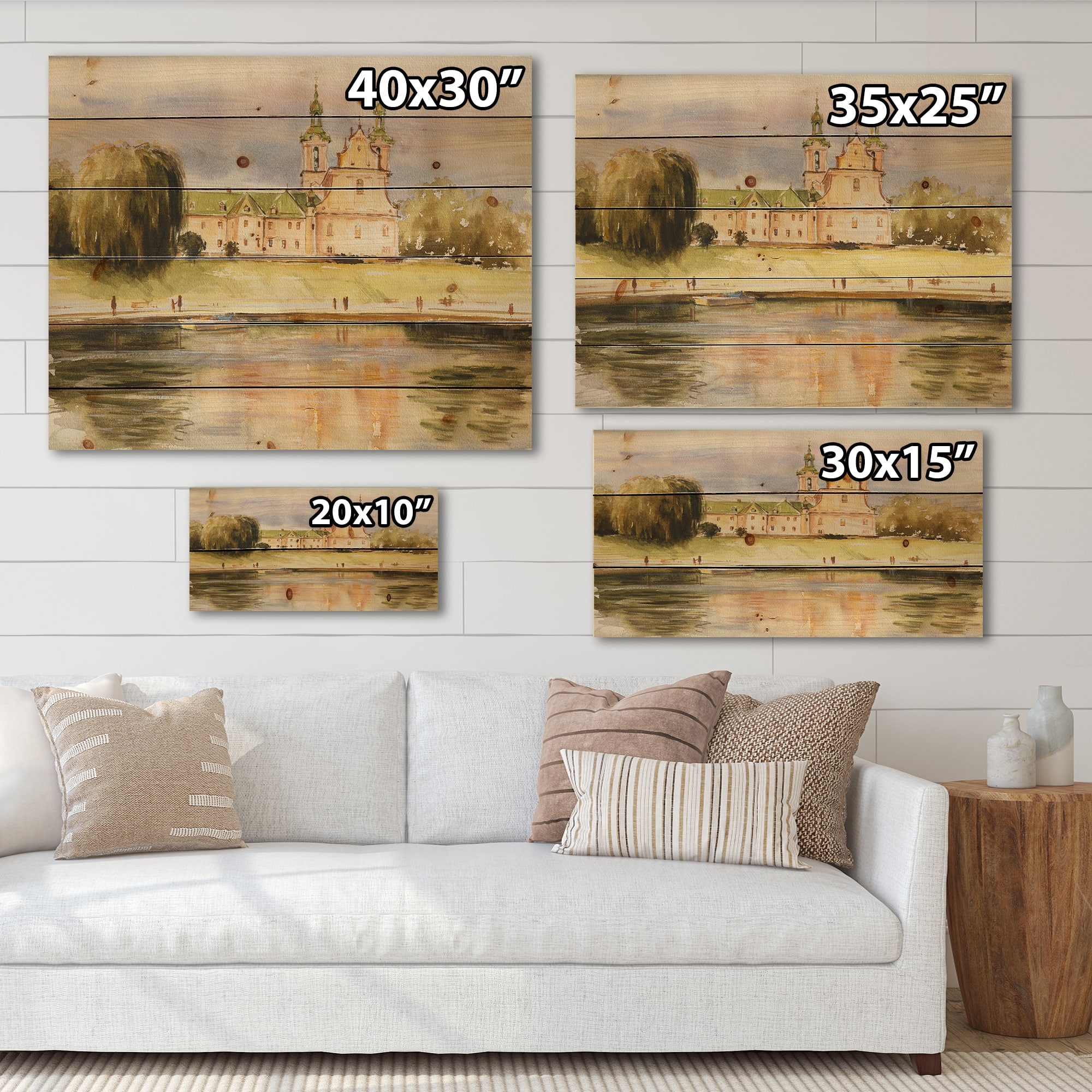 Designart - Historic Church On The Rock On Banks of The River - Lake House Print on Natural Pine Wood