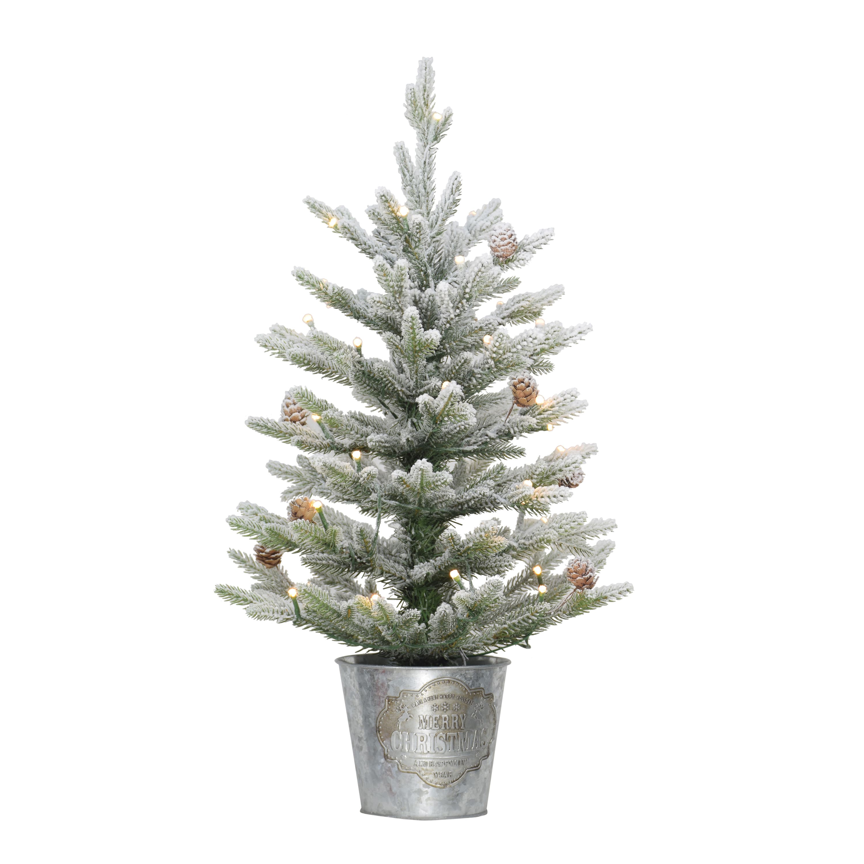 2 ft. Pre-Lit Flocked Table Top Artificial Christmas Tree In Metal Pot